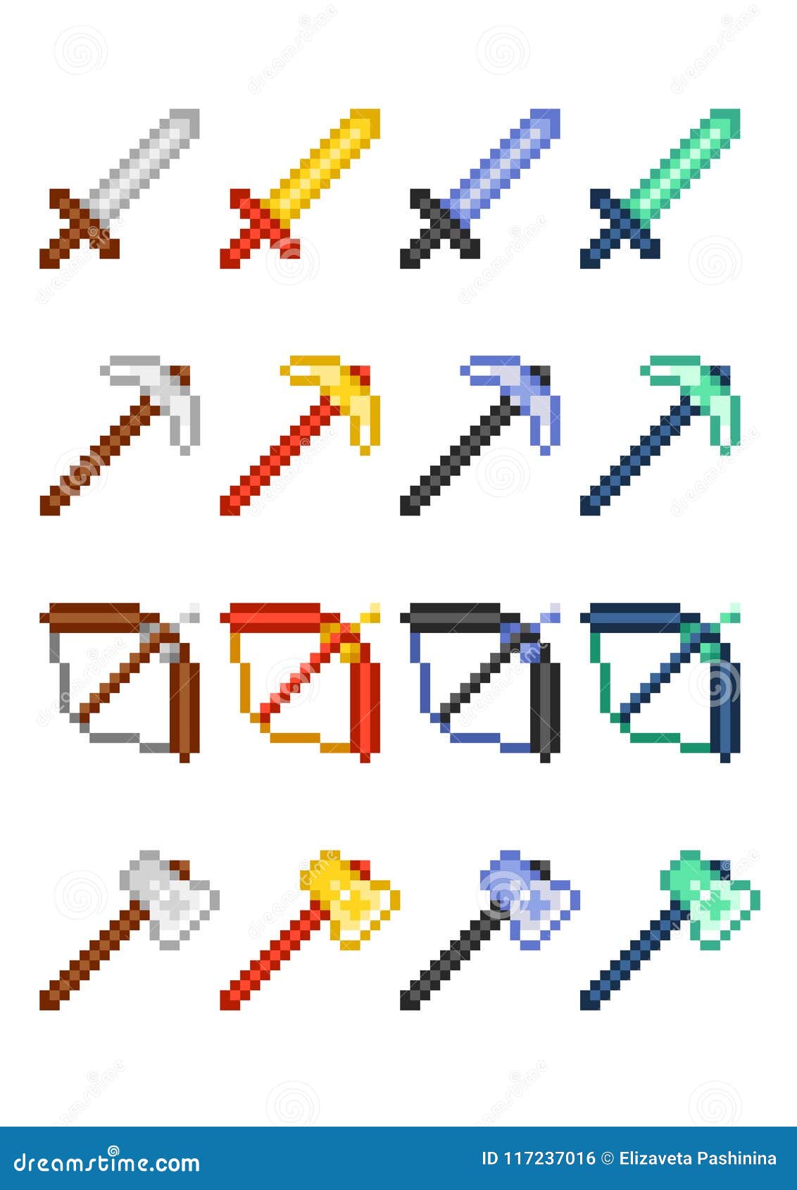 Quatro Grupos Do ícone Do Pixel Com Artigos Para O Jogo: Picareta, Espada,  Curva E Machado Feitos De Metais Preciosos E De Minera Ilustração do Vetor  - Ilustração de arqueiro, refrega: 117237016