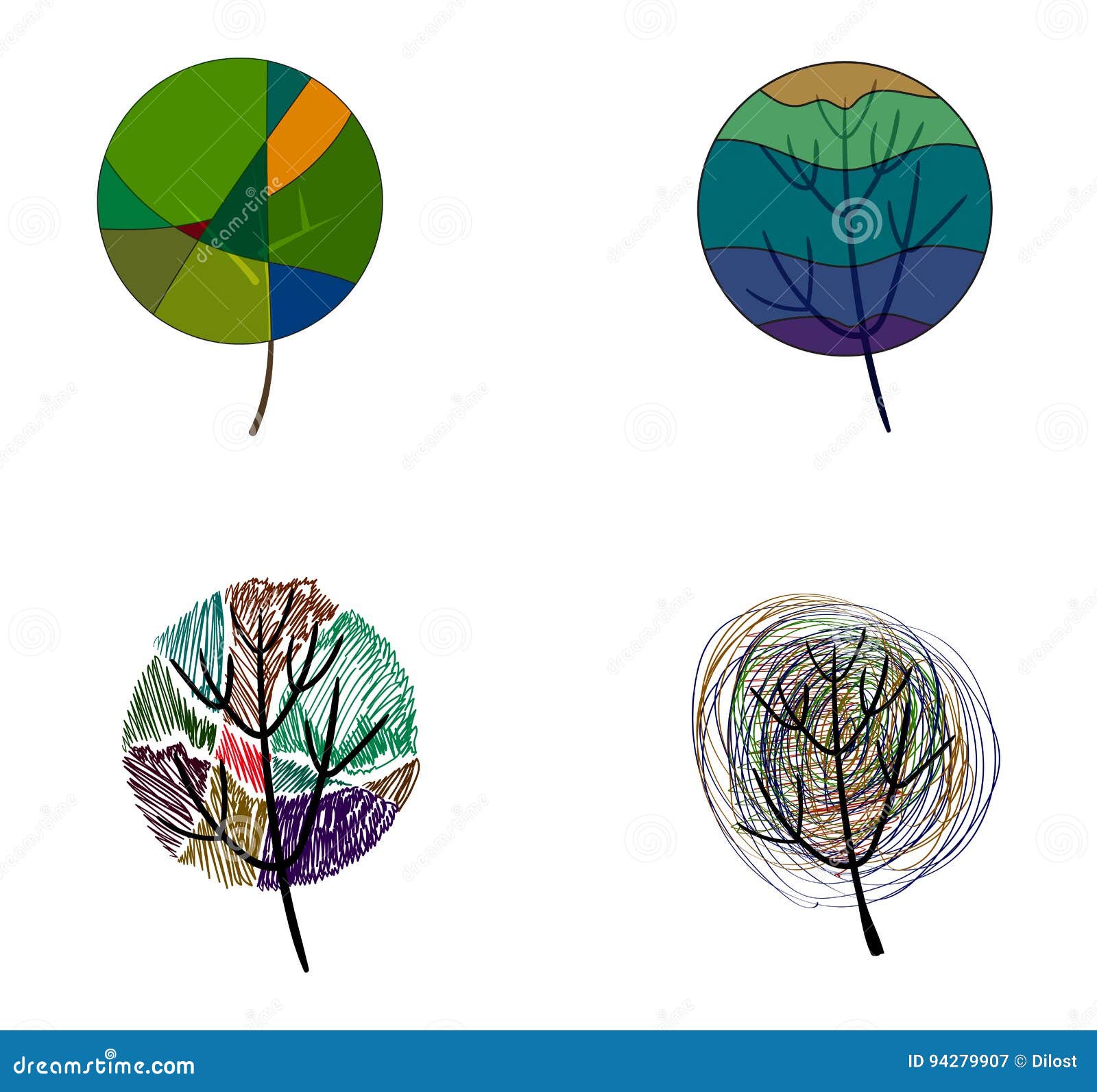 Quattro alberi colorati stilizzati