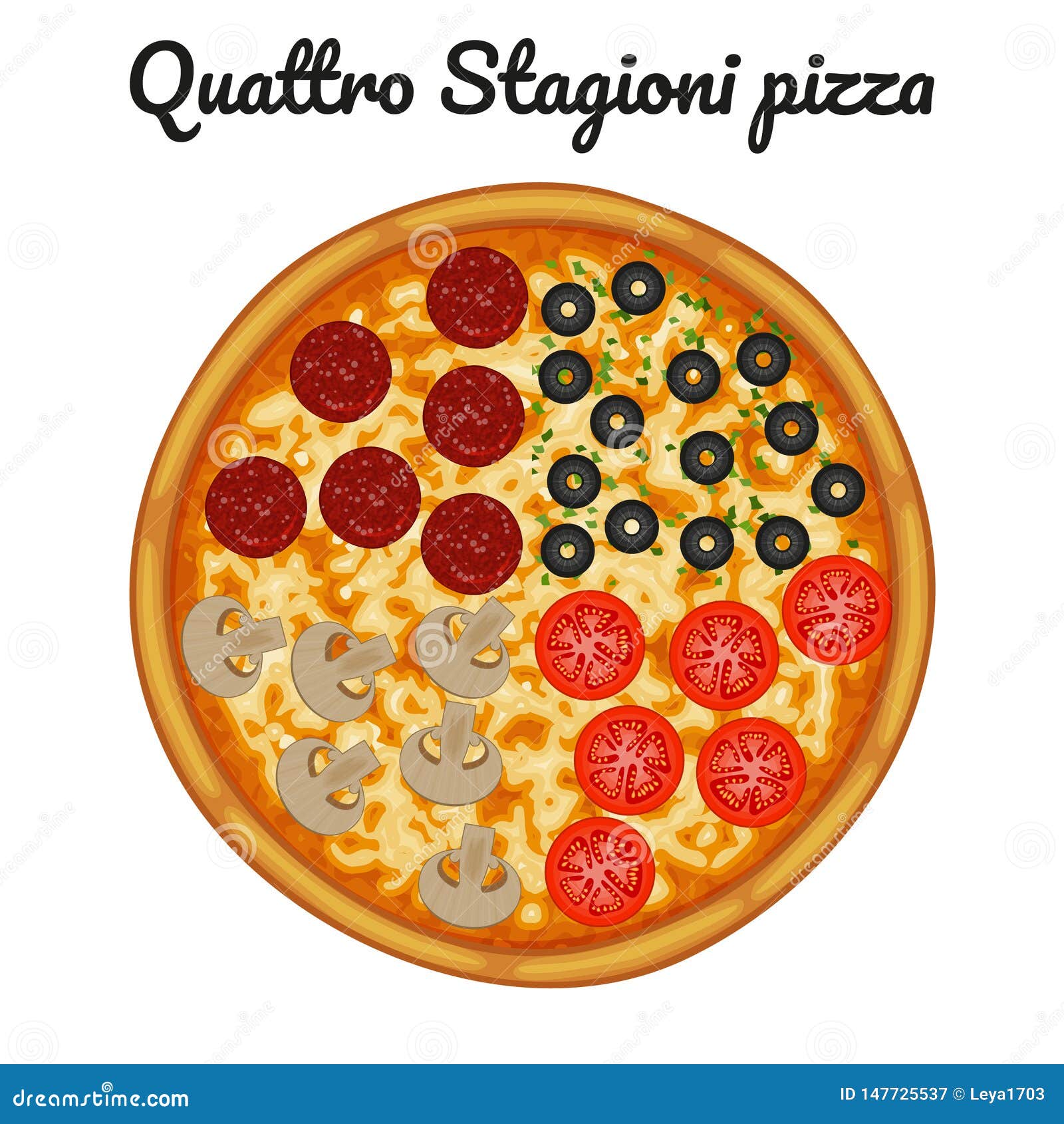 quattro stagioni pizza with pepperoni, olives, mushrooms, tomato.