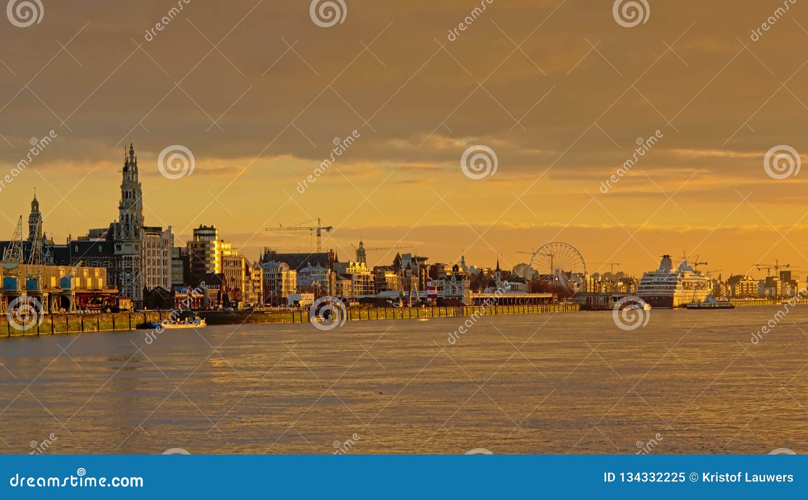 Quays Of River Scheldt In Antwerp In Warm Sunset Light ...