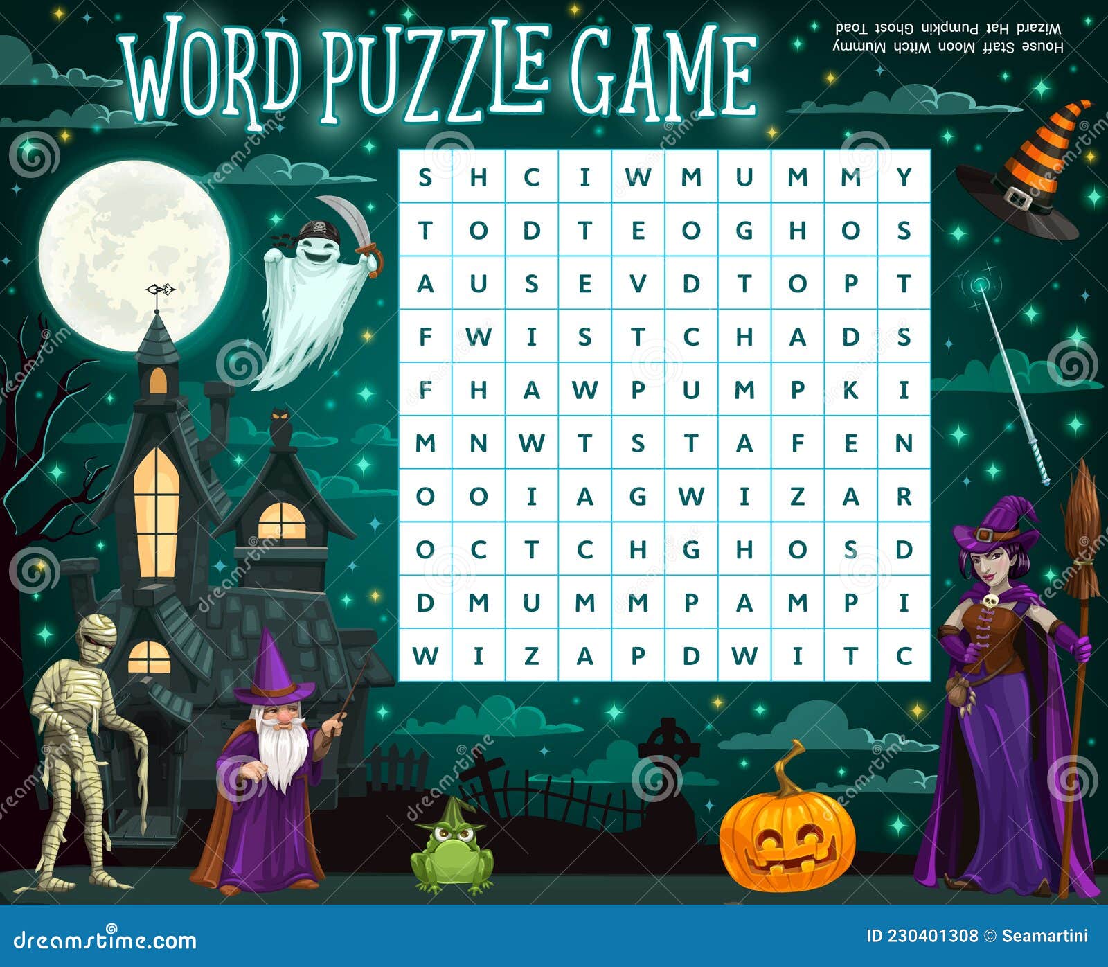 Planilha de quebra-cabeça de palavras de halloween com desenho de  feiticeiro, bruxa, abóbora e fantasmas.