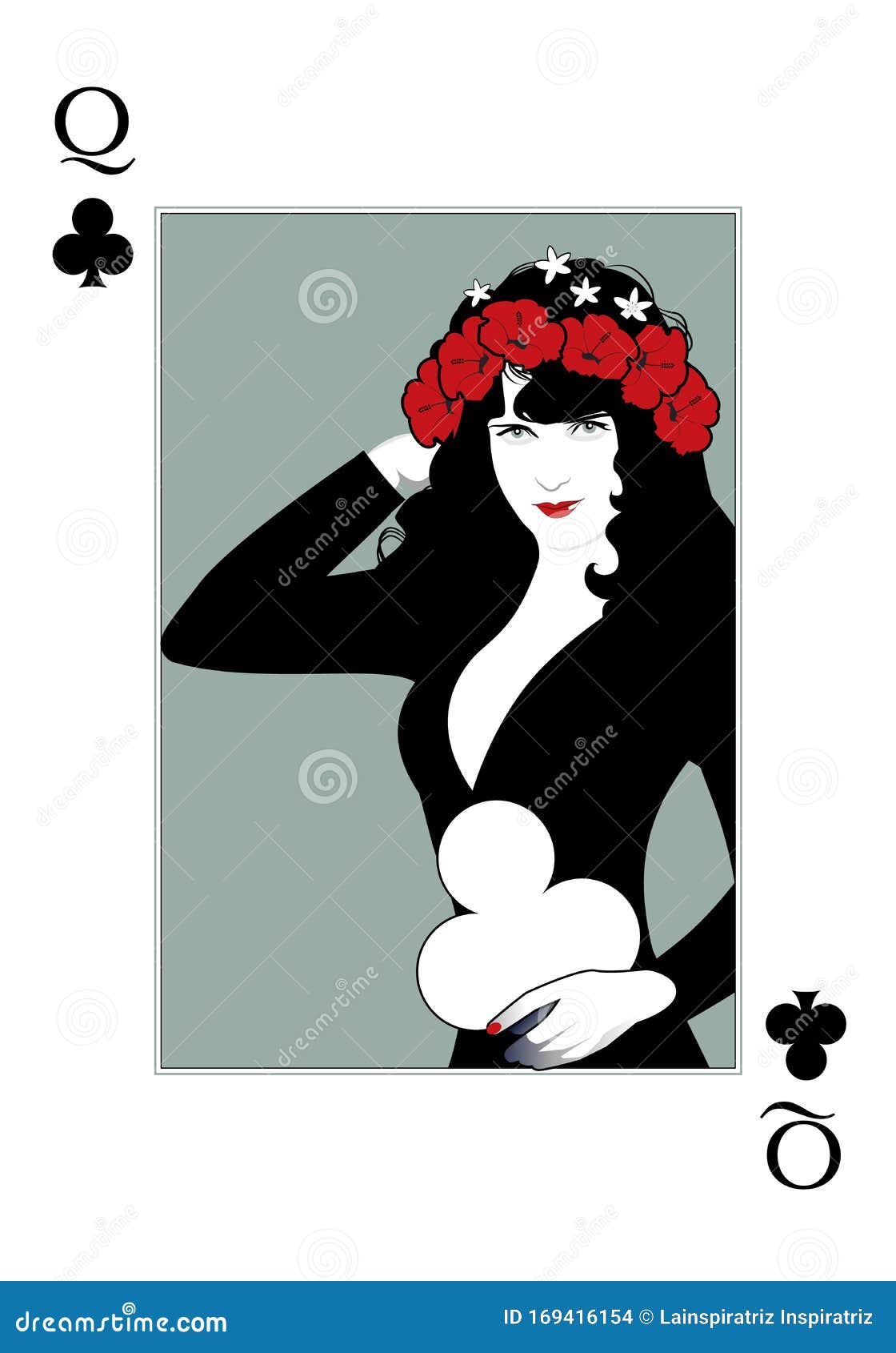 Queen of Clubs with Flower Wreath, Holding a Clover. Poker Card Stock ...