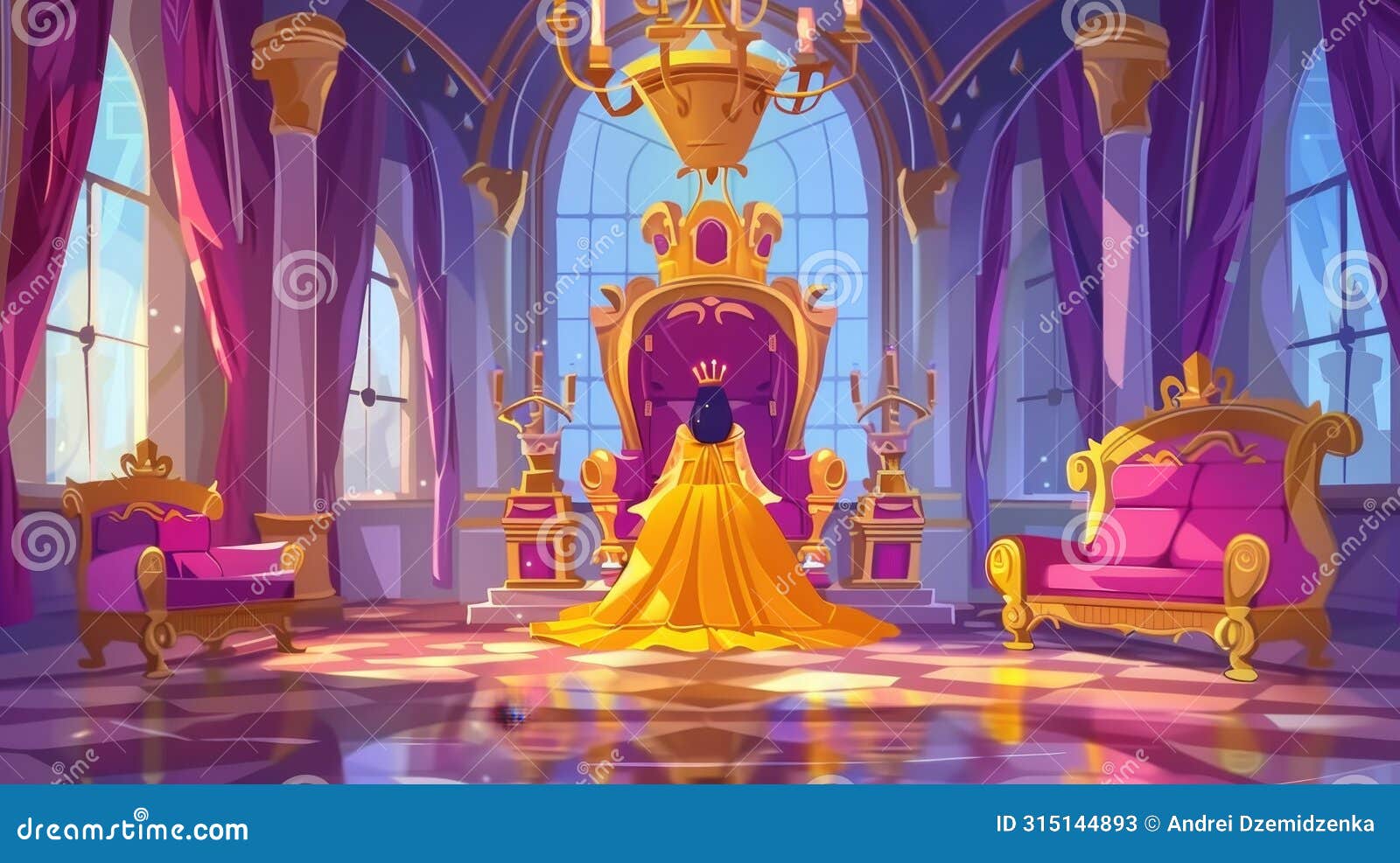 the queen in her palace, medieval throne room interior, cartoon character of the royal family, monarchy person in gold