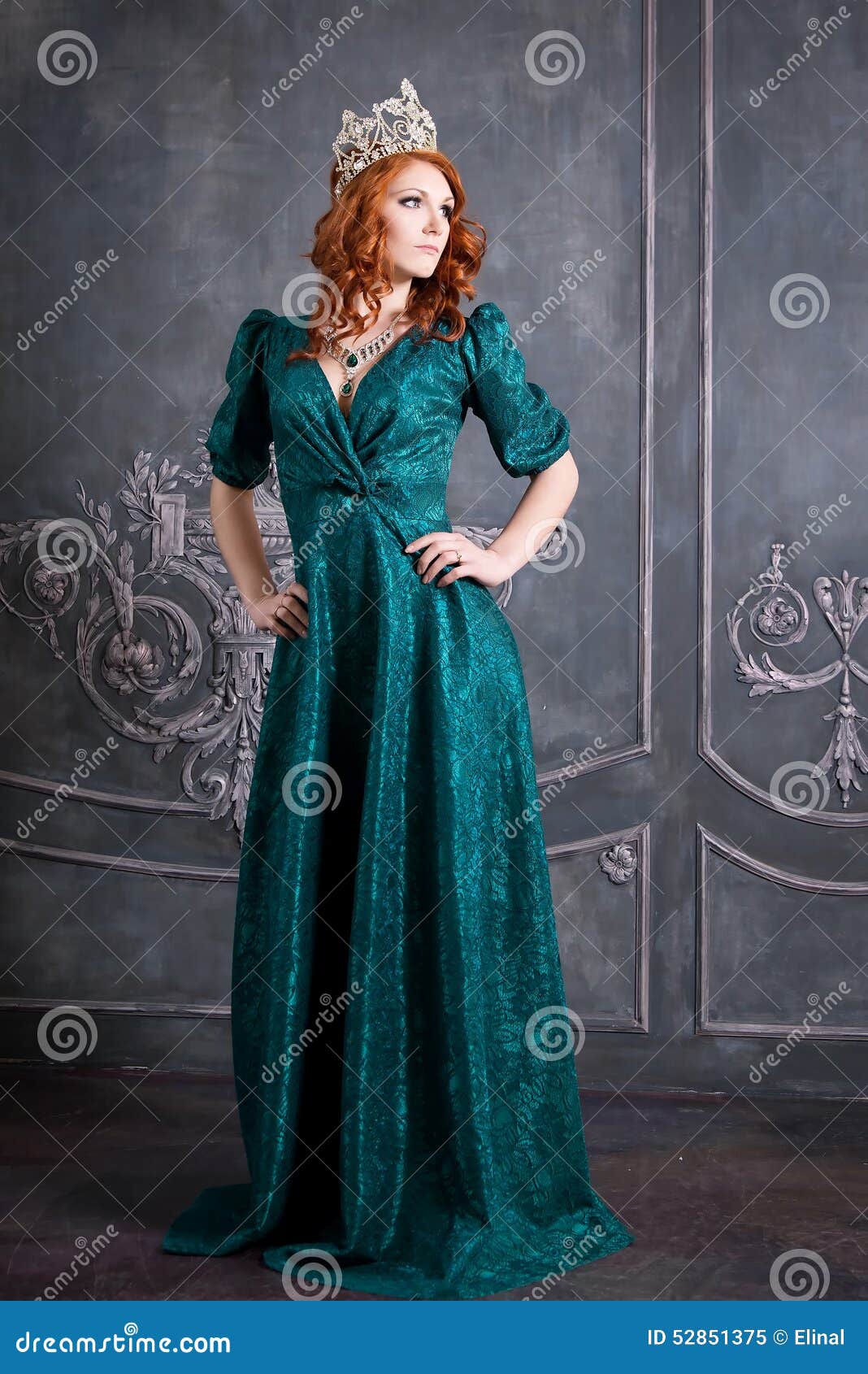 Queen, Royal Person with Crown, Red Hair and Green Dress Stock Image