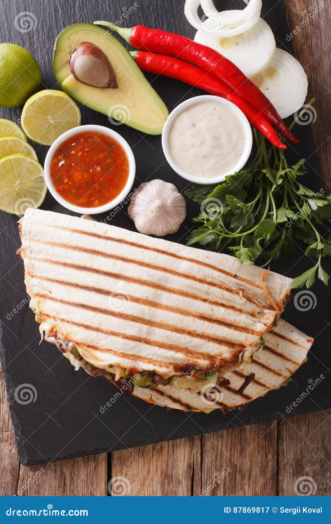 Quesadilla with Minced Beef, Beans, Avocado and Cheese Closeup