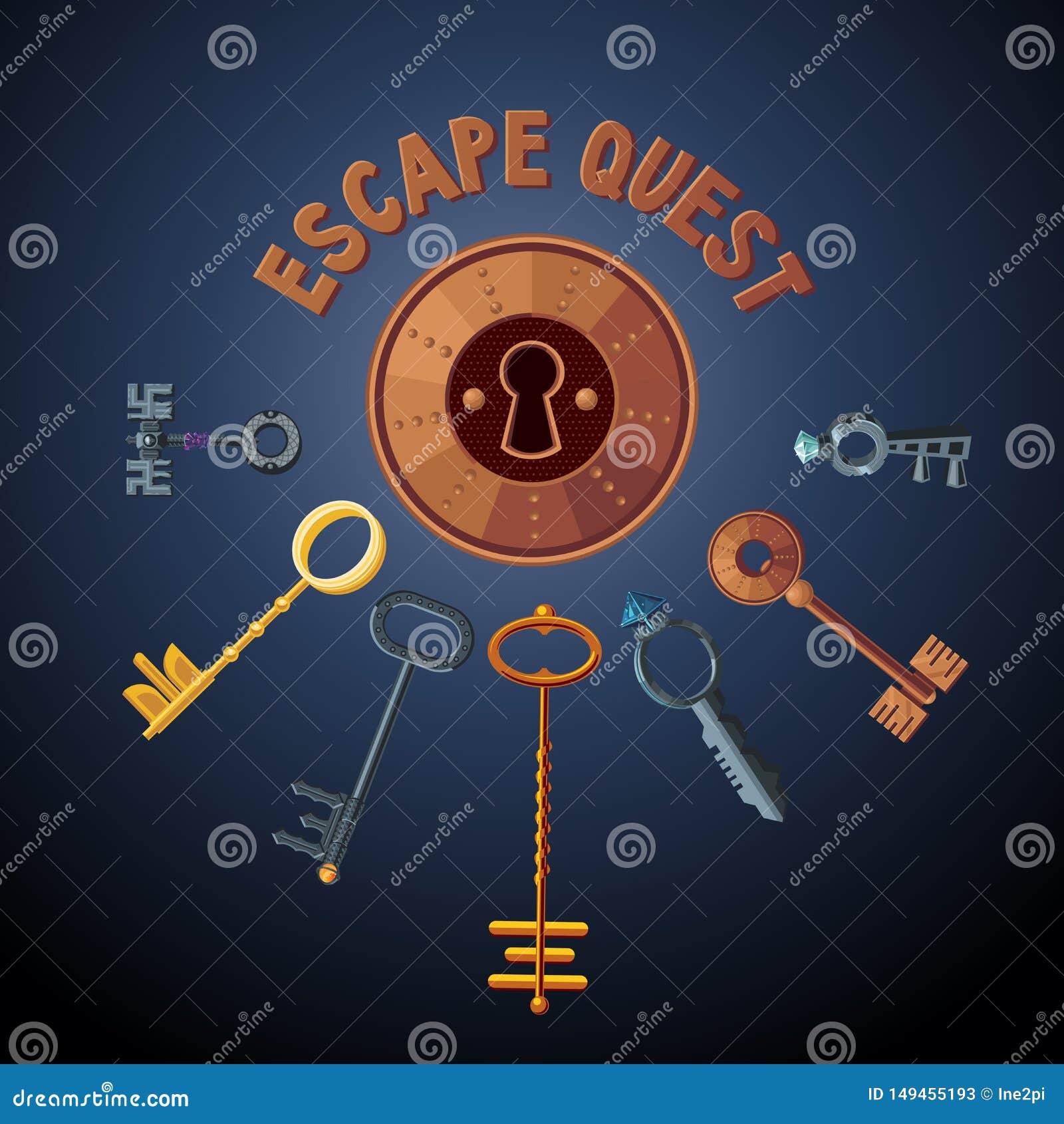 Quest Game Vector Object. Vintage Keys and Lock. Escape Room Background