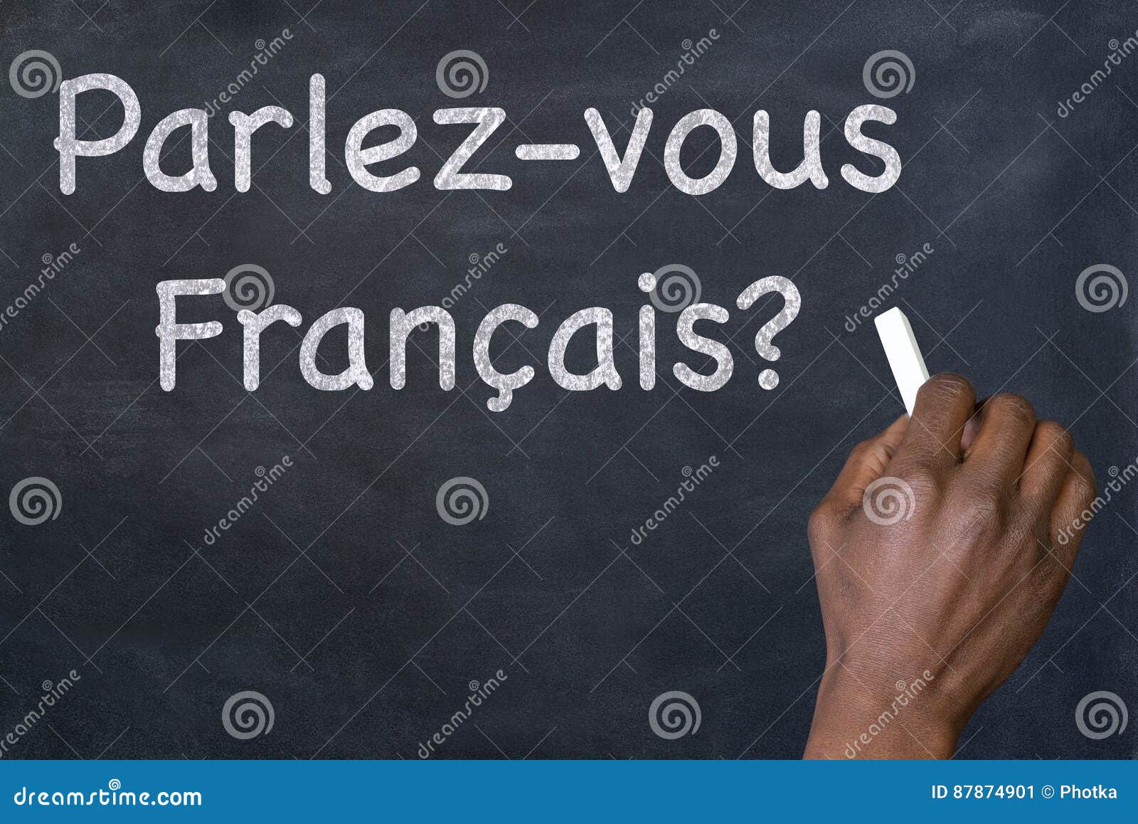 Question `Parlezvous Francais?` on a Blackboard Stock Image Image of