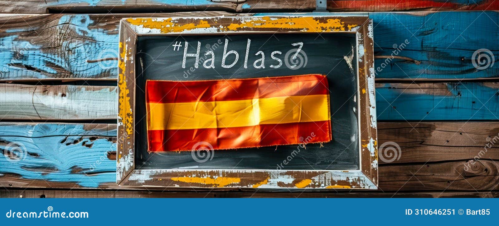 question hablas espanol? written on a chalkboard with a spanish flag, inviting the viewer to engage with the spanish language