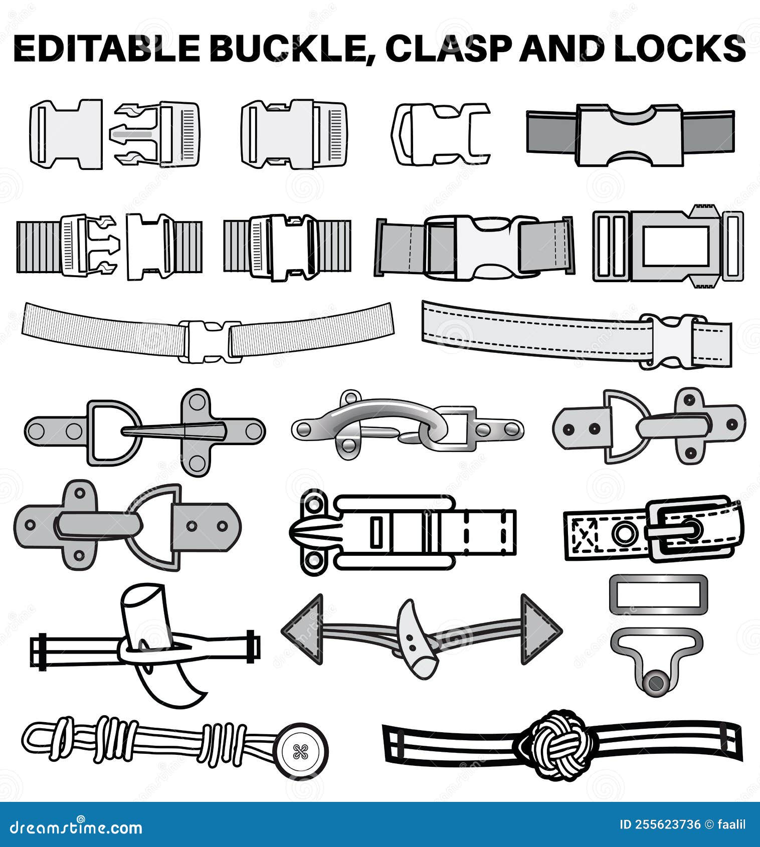 Quick Release Buckles and Clasps Flat Sketch Vector Illustration Set,  Different Types Bag Accessories, Locks and Buckles for Back Stock Vector -  Illustration of jewellery, sketch: 255623736