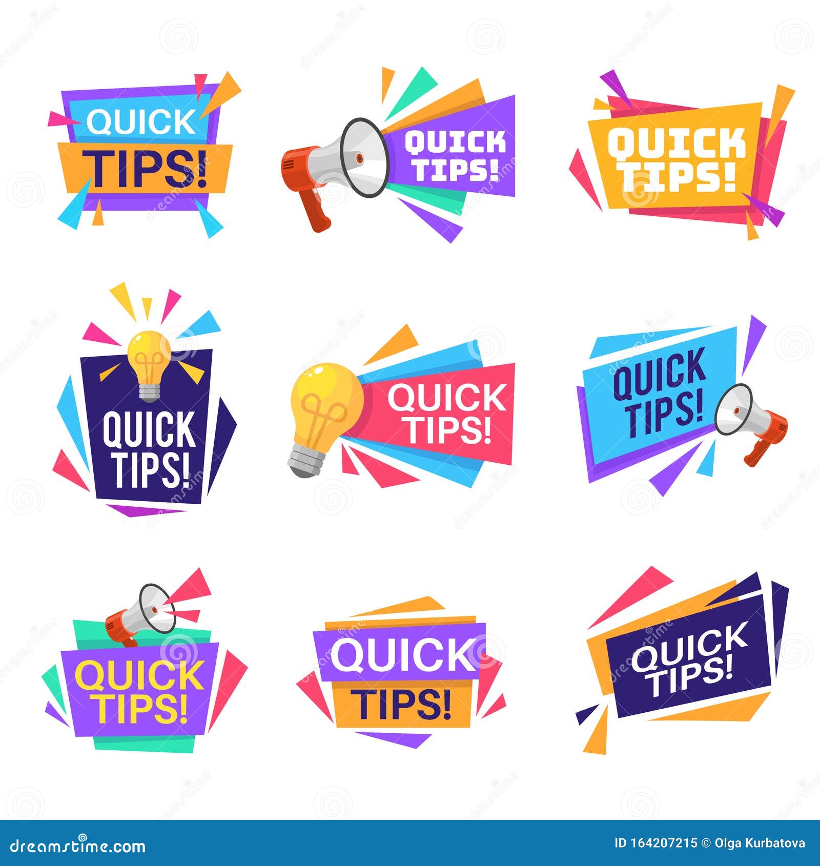 quick tip labels. helpful tricks and advice blog post badges with idea light bulb and megaphone s and text