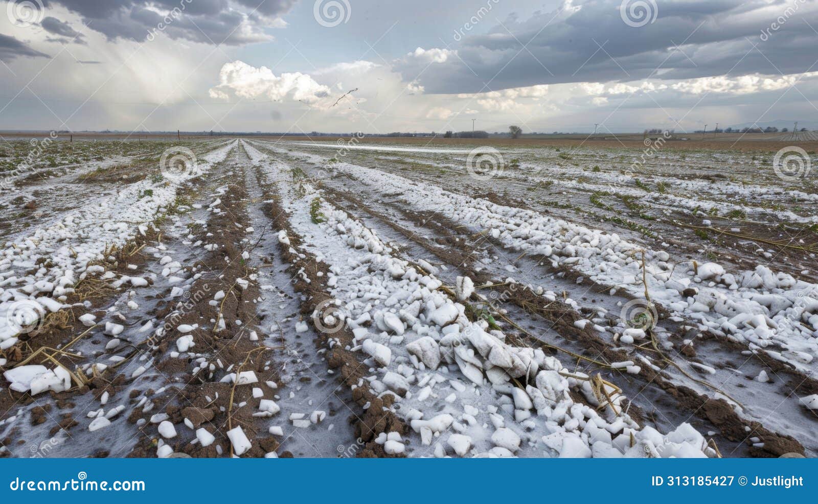 the quietness after a hailstorm seems almost surreal as shards of ice litter the ground and ruined crops lay in disarray