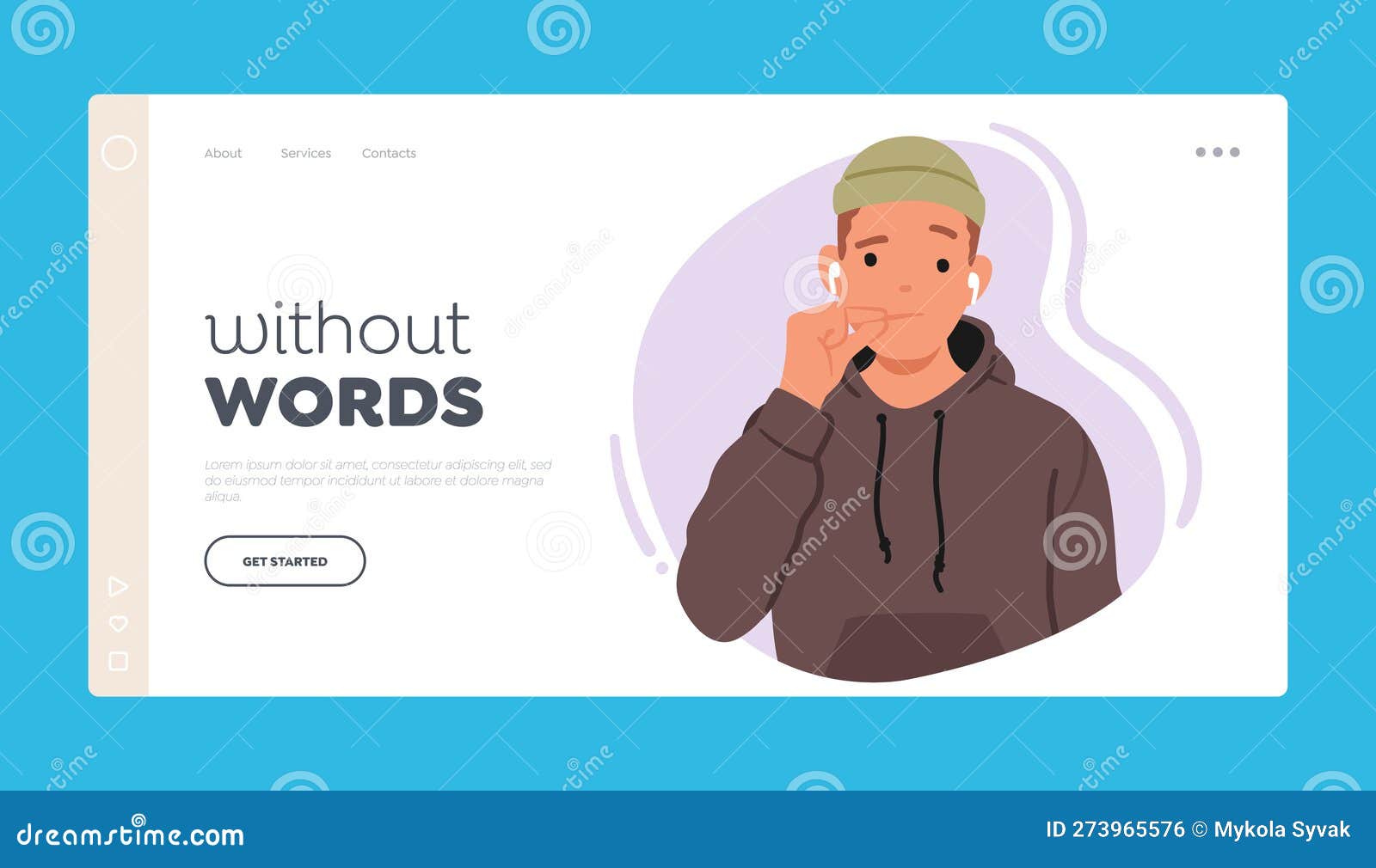 quietness or privacy landing page template. young male character making the silent gesture represented by lips on zip