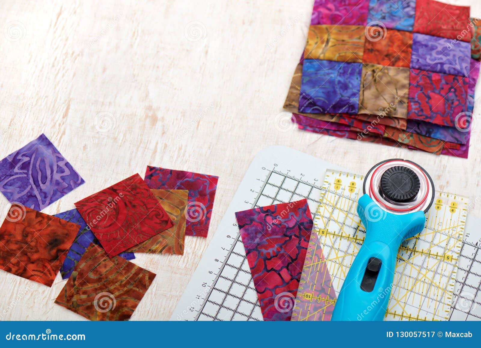 Quilting Tools, Sliced Square Bright Pieces of Batik, Stack Sewn Blocks