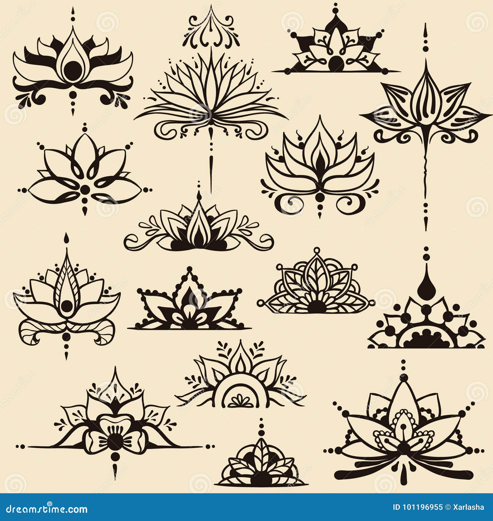Quince Dibujos a Pulso De Las Flores De Loto En Estilo Del Este Ilustración del Vector - Ilustración de silueta, indio: 101196955