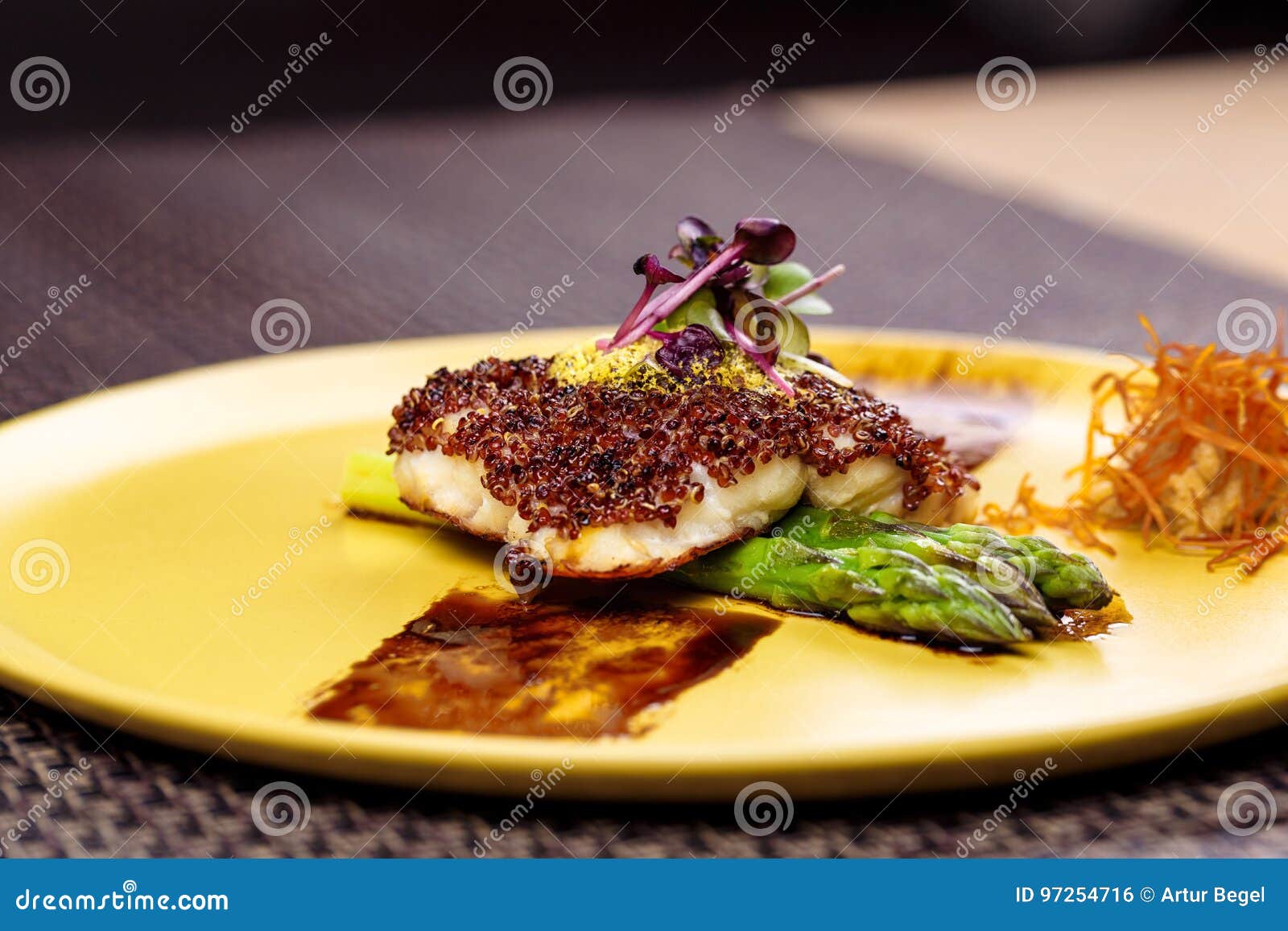 Quinoa Crusted Fish on Asparagus on Yellow Plate. Stock Photo Image of food, dish 97254716