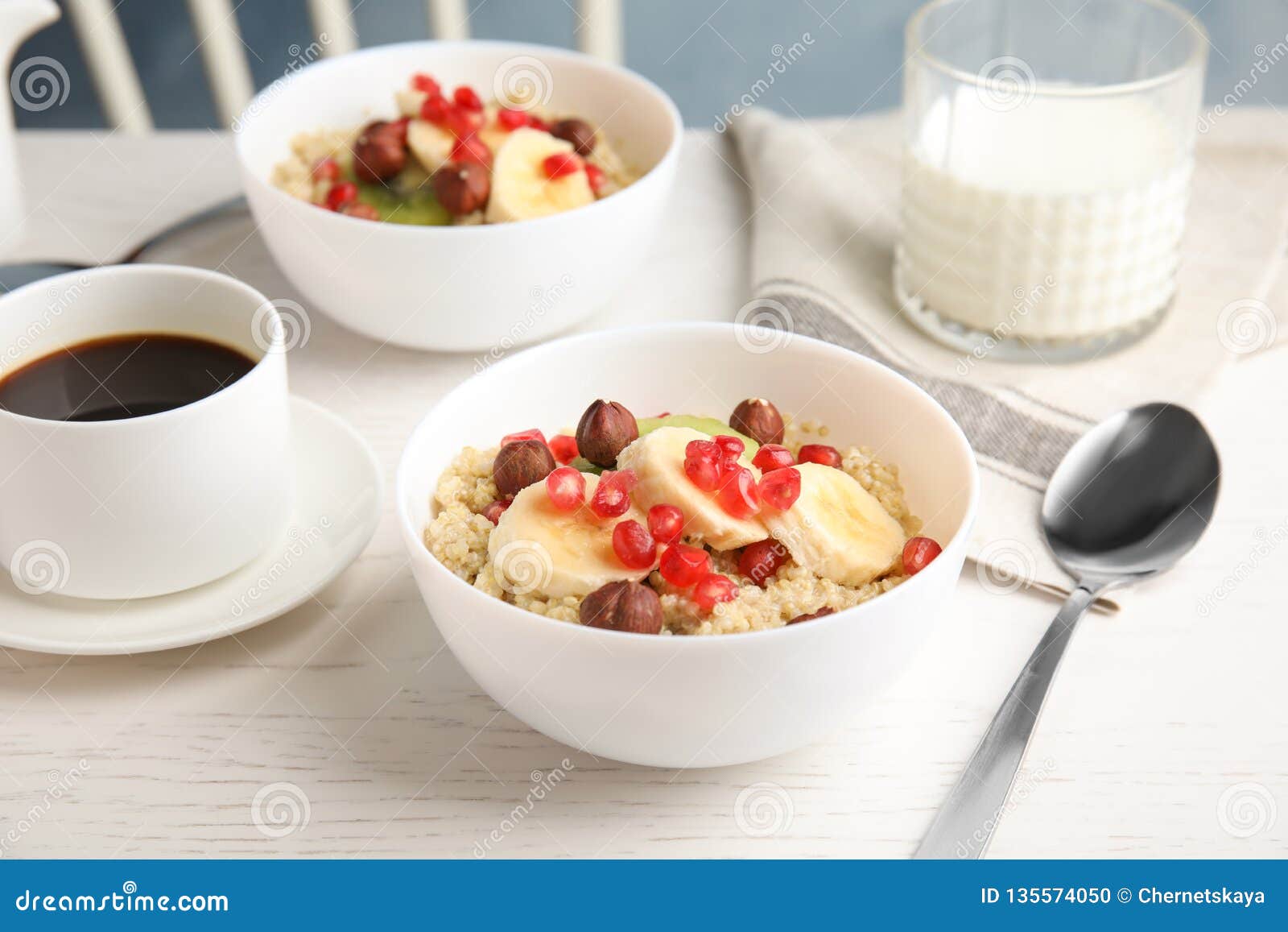 Quinoa Porridge with Hazelnuts, Kiwi, Banana and Pomegranate Seeds ...