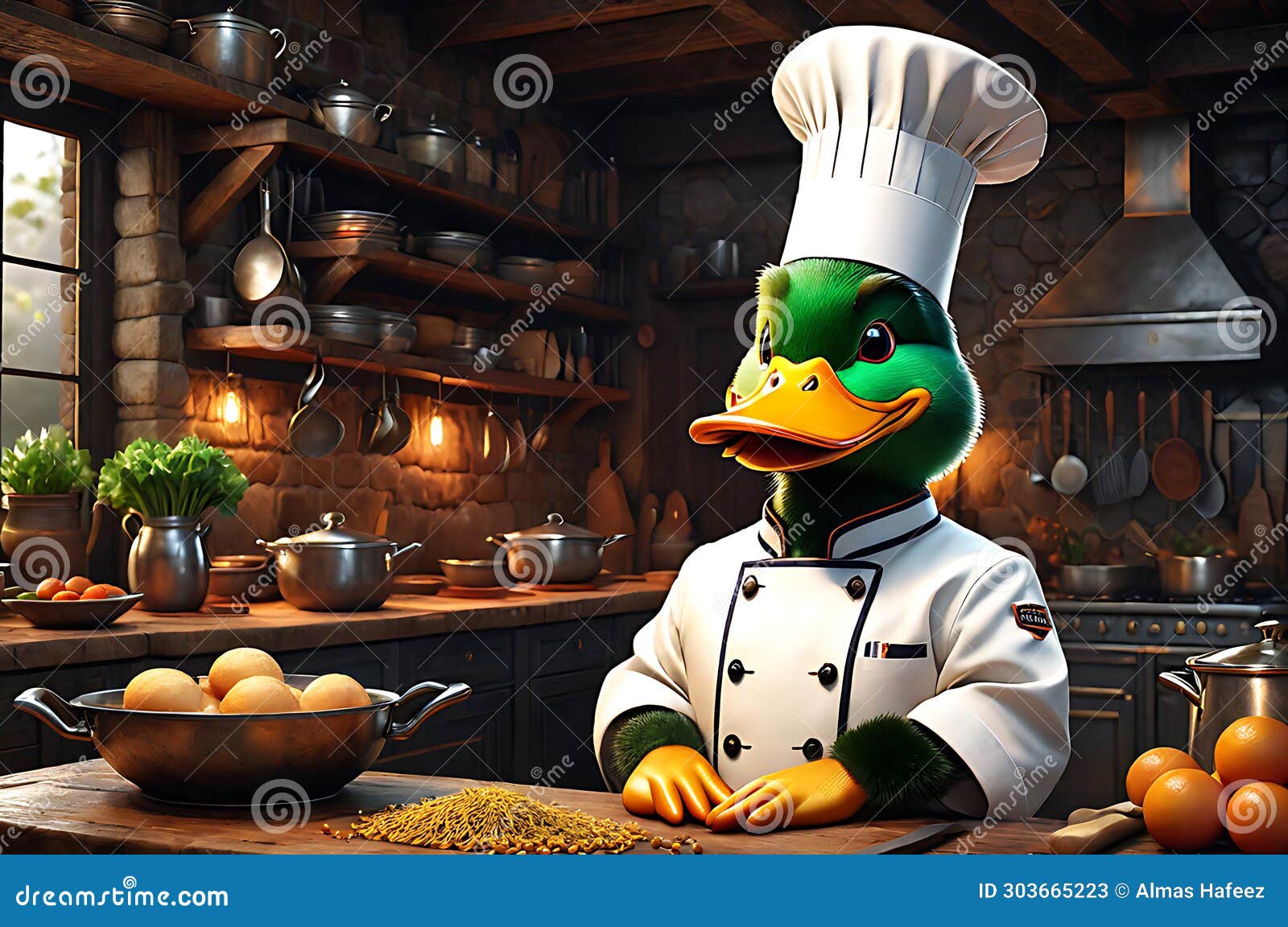 quirky culinary maestro: duck adorned in tailored chef uniform, poised in rustic kitchen ambiance, crafting culinary delights