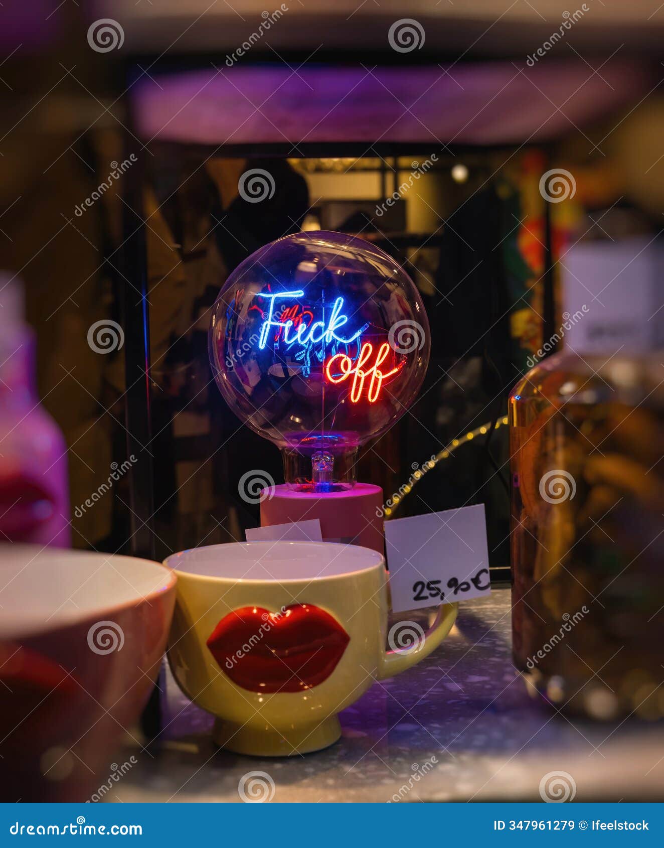 quirky neon lamp and lip mugs