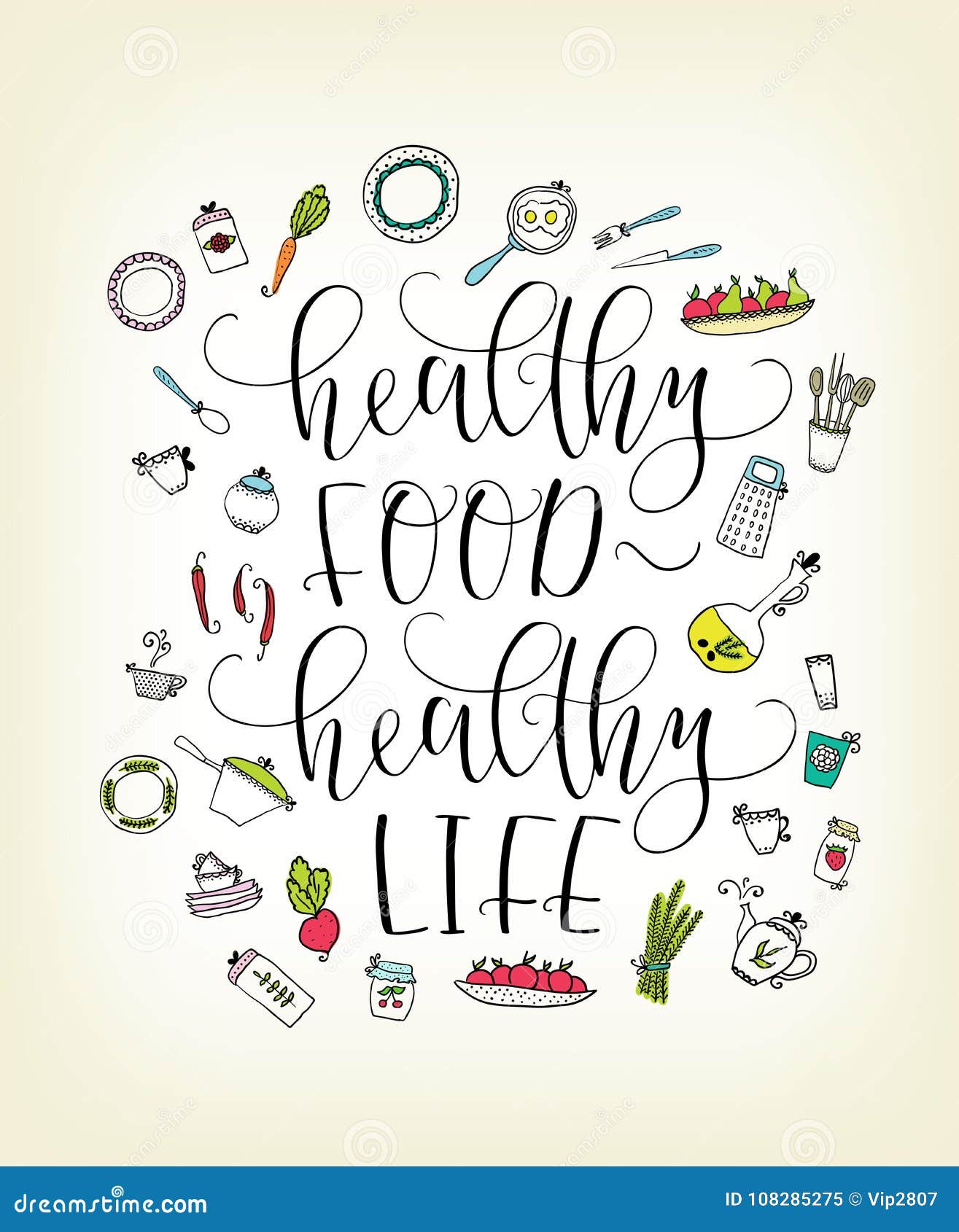 Quote Healthy Food - Healthy Life. Lettering. Elements of Food and ...