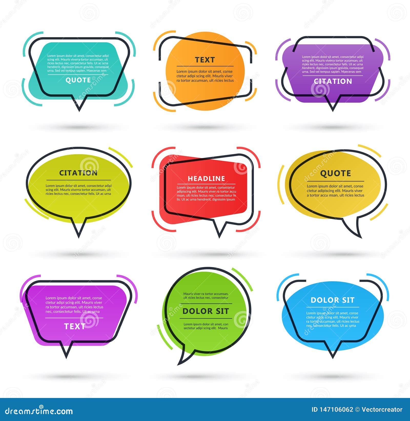 quote speech bubble, text box, citation frame, colorful message banner  on white background.  