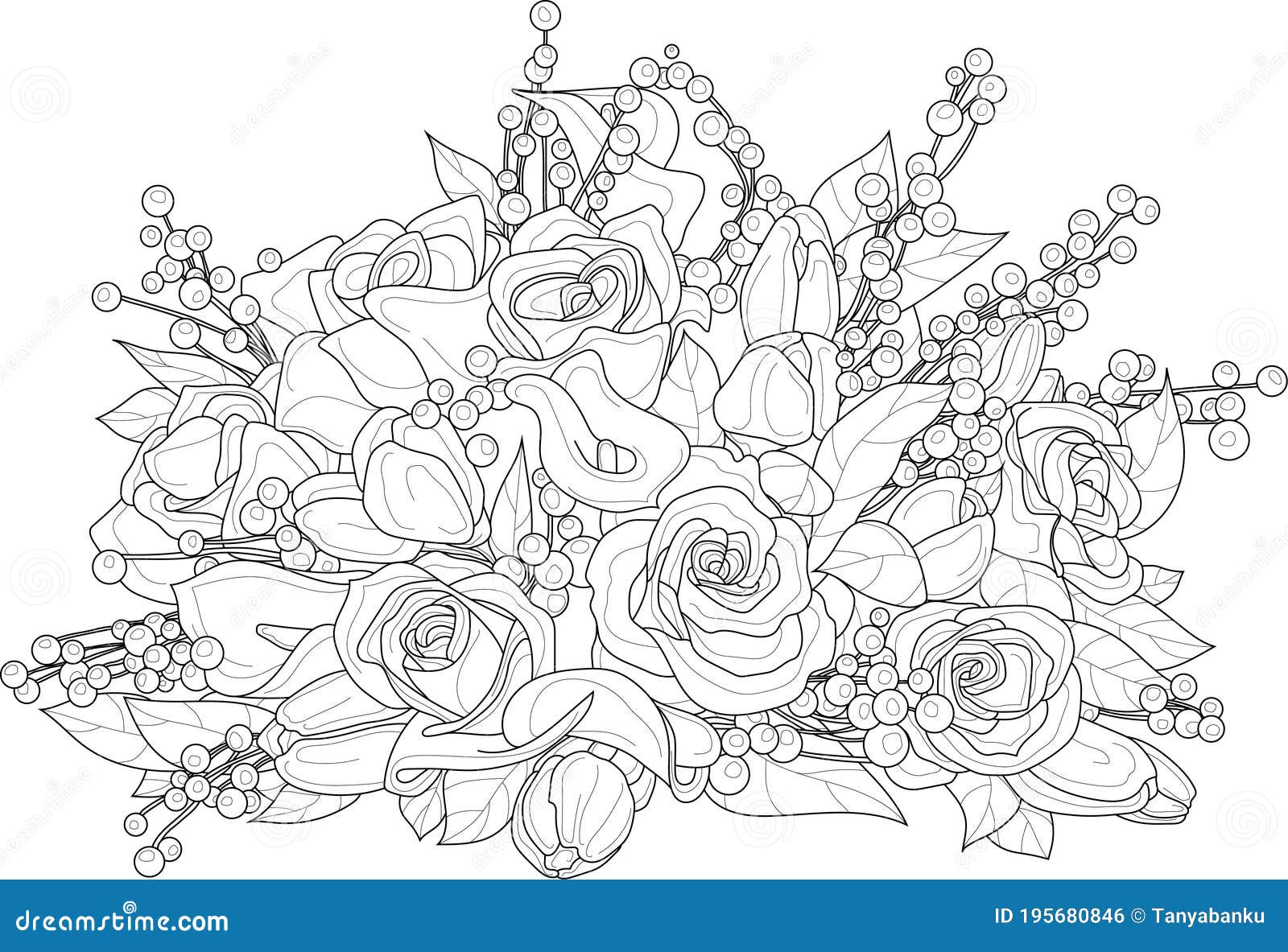 Dessin Bouquet De Fleurs Realiste Réaliste Bouquet De Fleurs De Mélange Avec Les Roses Baie Et Le Modèle De Croquis De Feuilles. Illustration De Vecteur En Noir Et Illustration de Vecteur - Illustration du coloration, baie: 195680846