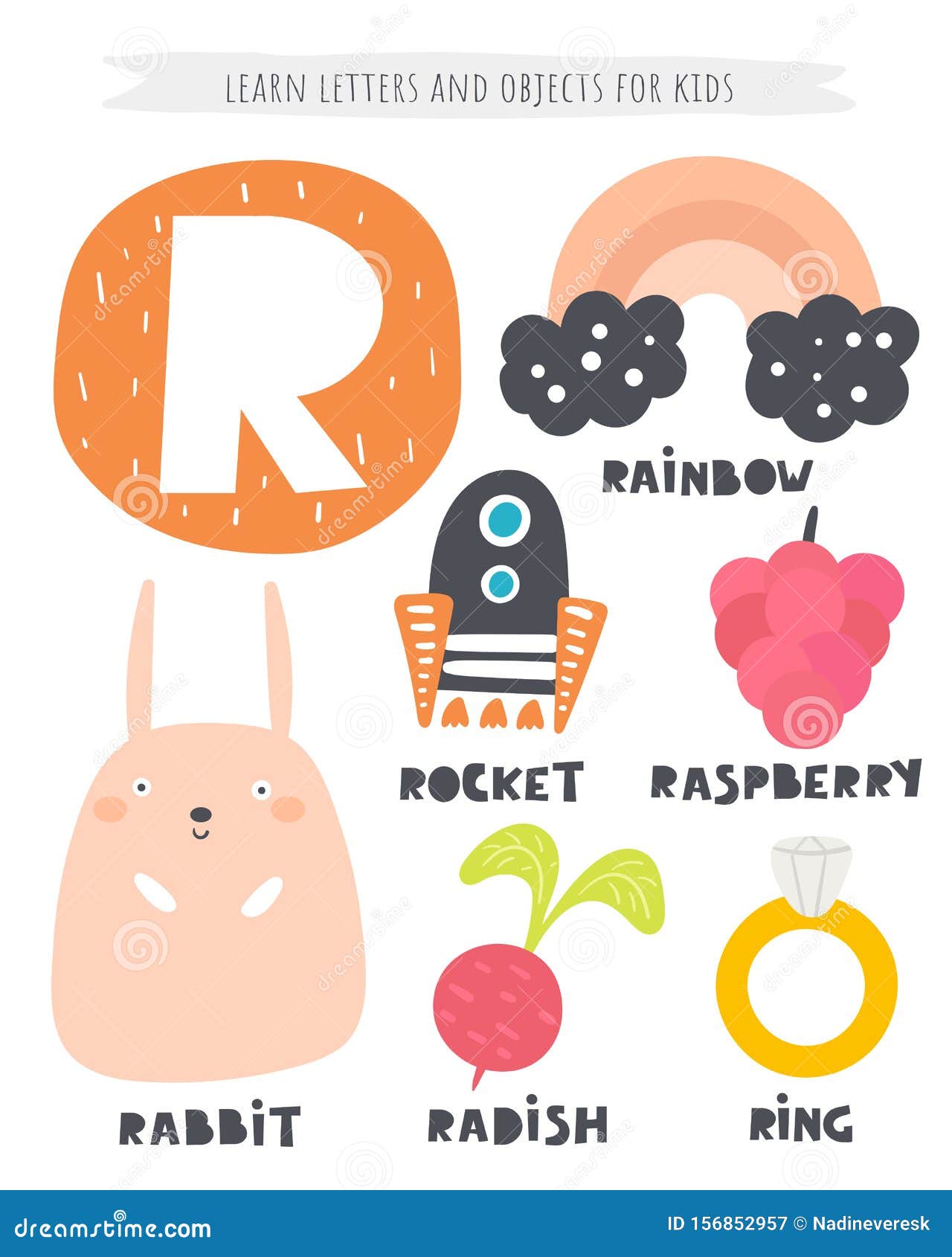 R Letter Objects and Animals Including Rabbit, Raspberry, Rocket ...