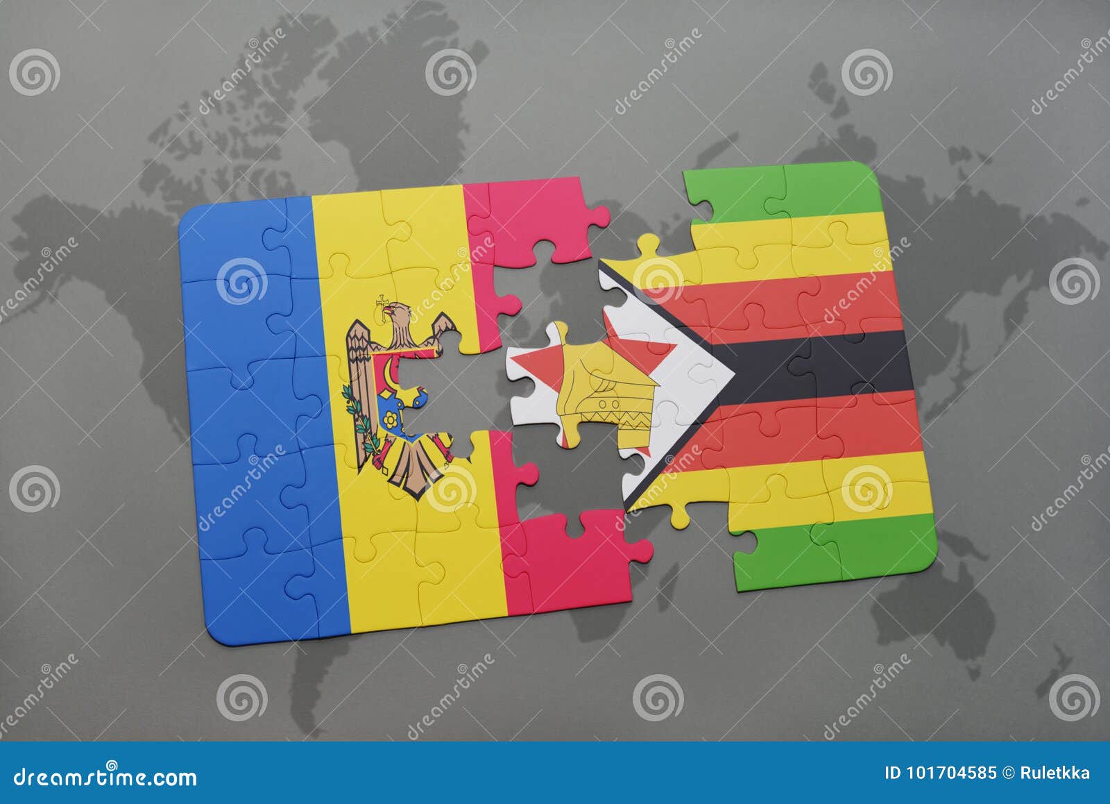 Raadsel met de nationale vlag van moldova en Zimbabwe op een wereldkaart. Het raadsel met de nationale vlag van moldova en Zimbabwe op een wereld brengen achtergrond in kaart 3D Illustratie