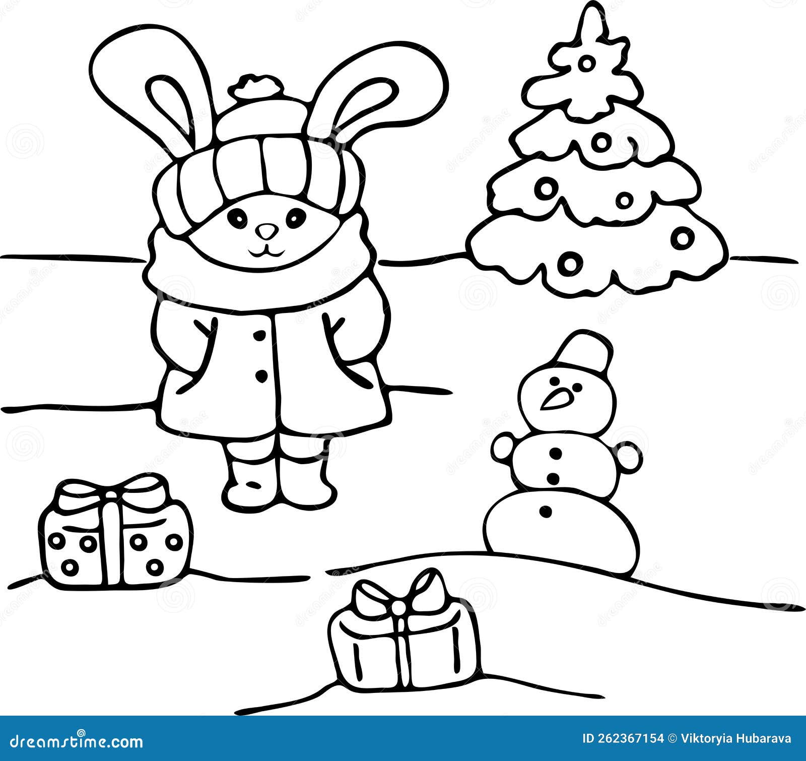 Rabbit with Gifts and a Snowman. for Coloring Book Stock Illustration ...