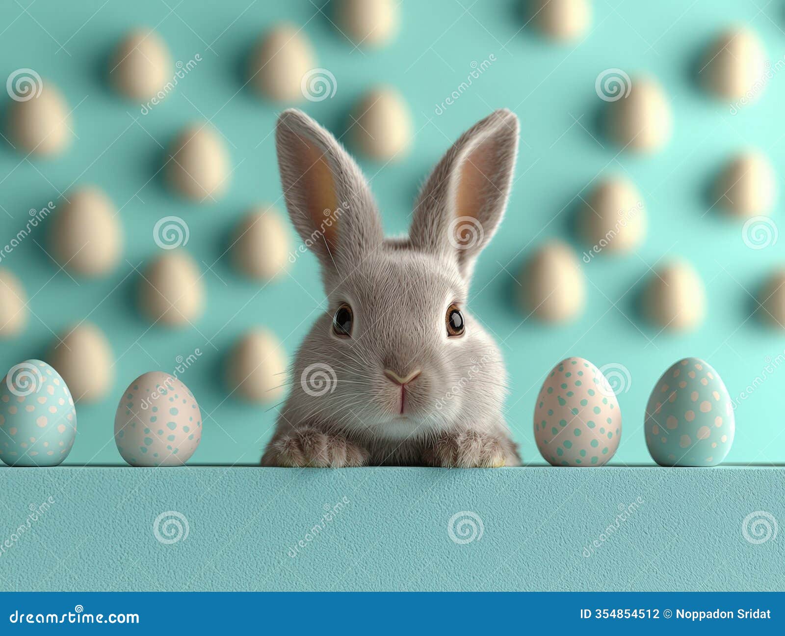 rabbit peeking over a wall with colorful easter eggs in a springtime setting