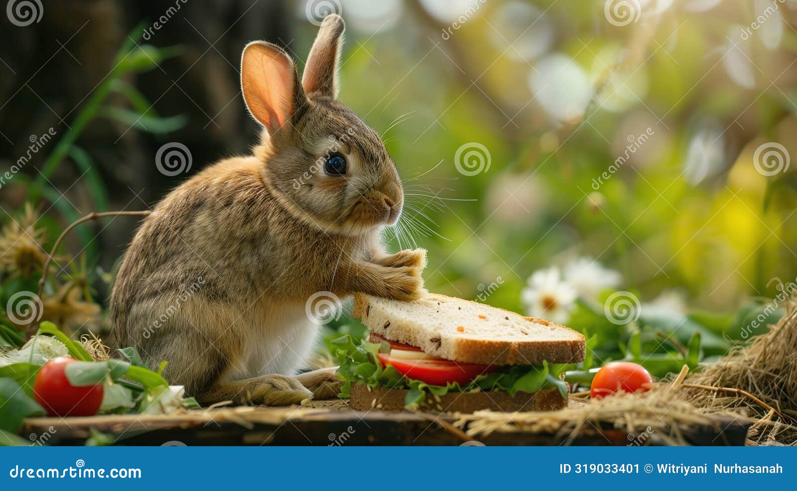 rabbit sititng on mat with sandwich picnic. generative ai