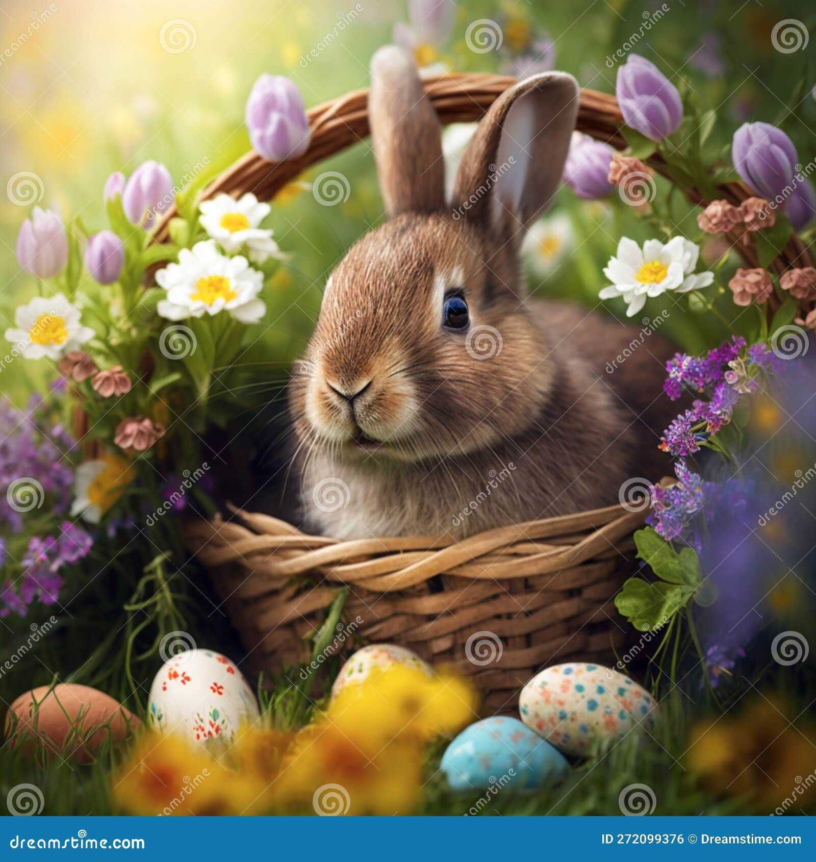 rabbit spring meadow with coloeful flowers