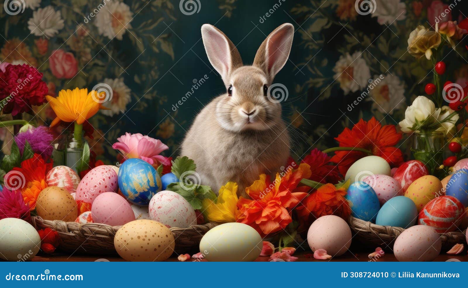 a rabbit surrounded by easter eggs and blooming flowers, set against spectacular backdrops that evoke pastoral charm.