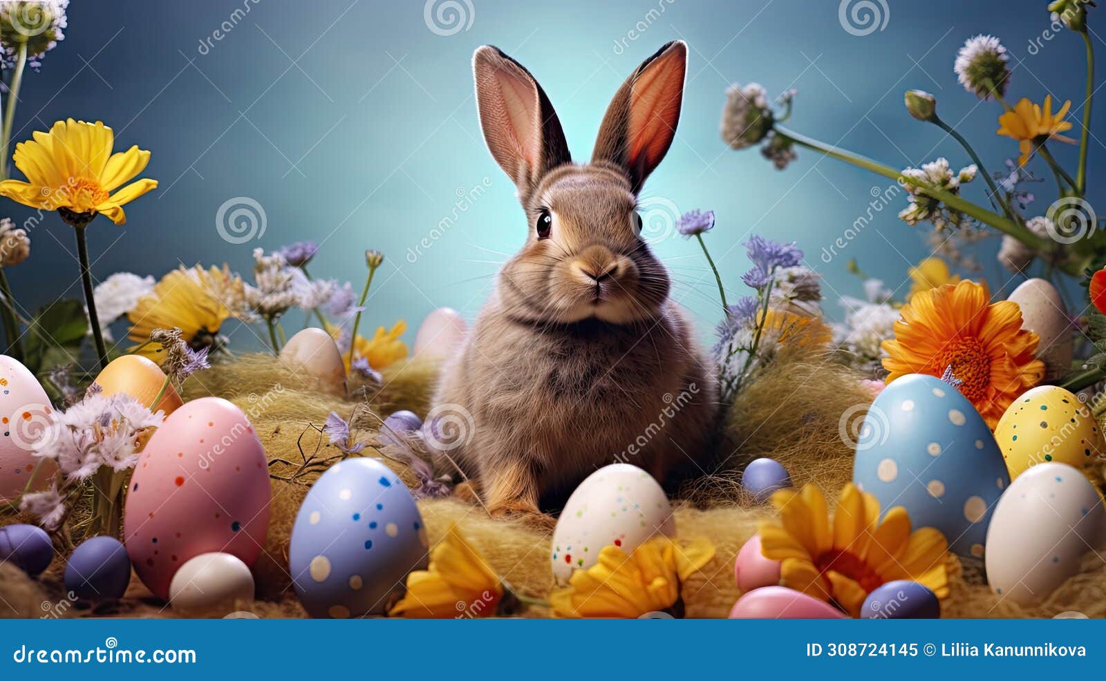 a rabbit surrounded by easter eggs and blooming flowers, set against spectacular backdrops that evoke pastoral charm.