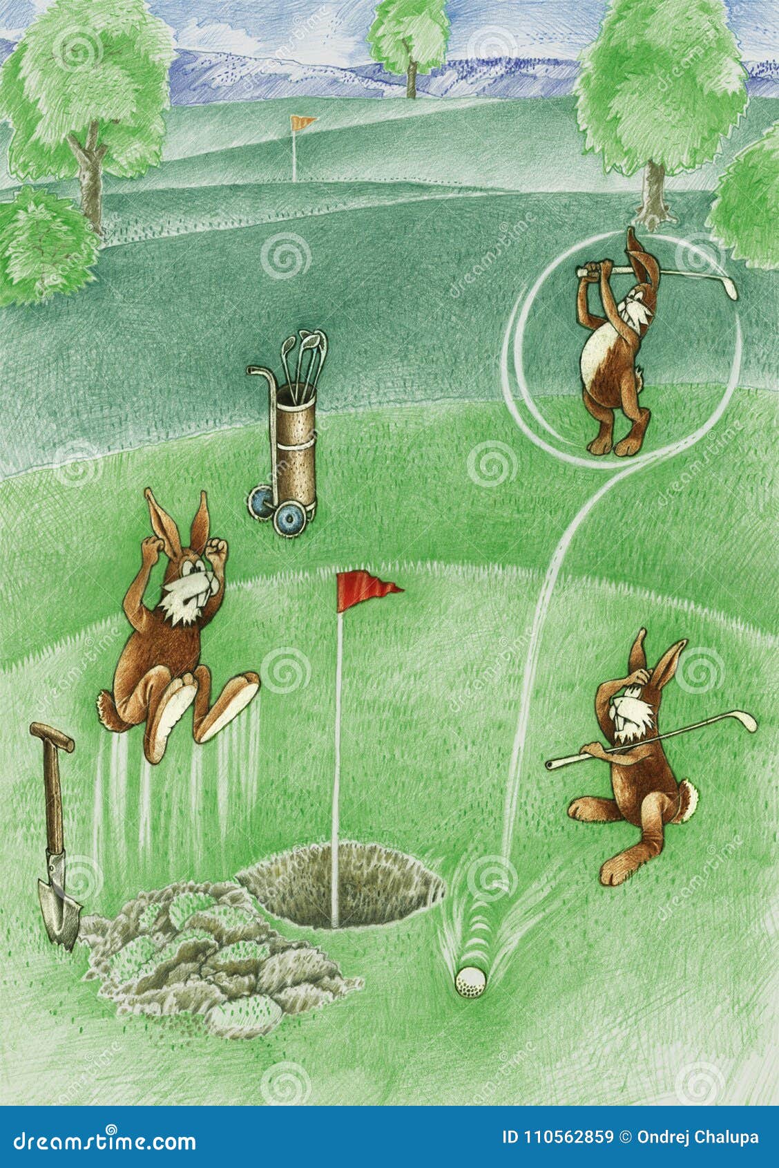 Hares are playing the golf stock illustration. Illustration of joke