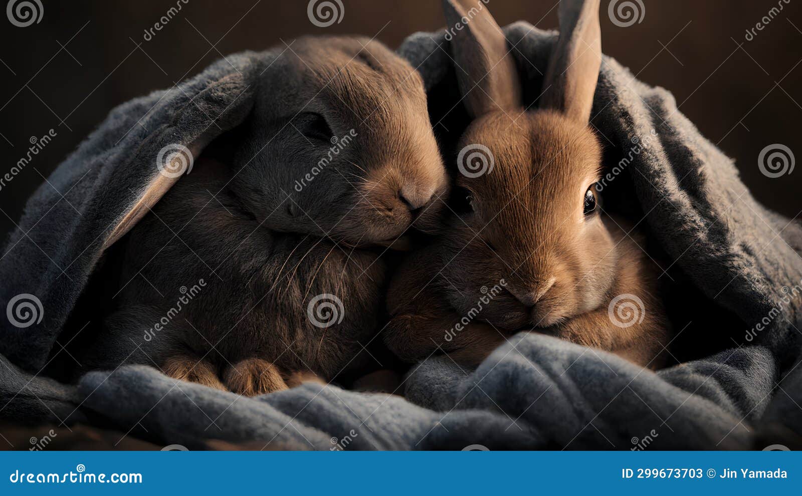 Rabbits in a Grey Blanket on a Dark Background. Toned Stock