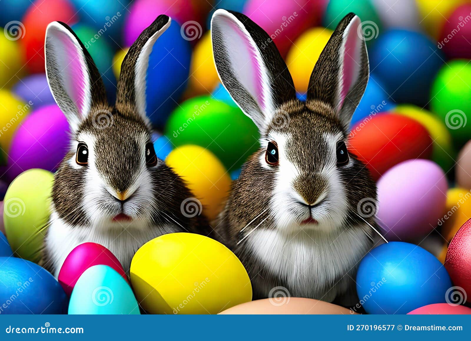 Rabbits among Plenty of Easter Eggs of Different Colors Stock ...
