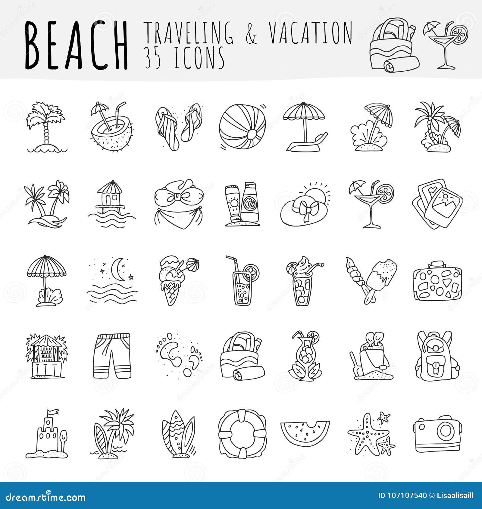 Raccolta tropicale dell'icona della spiaggia di estate Passi le icone di tiraggio circa il viaggio alla spiaggia tropicale ed abbia vacanza Attributi della spiaggia e di estate - coctails, noce di cocco, sabbia e costumi da bagno, ombrelli isolati su fondo bianco