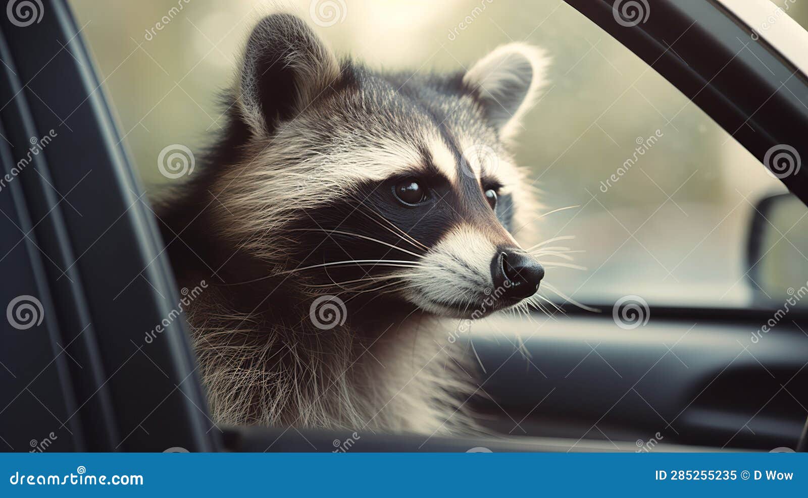 The Raccoon in the Car Looks Out the Window. Stock Image - Image of