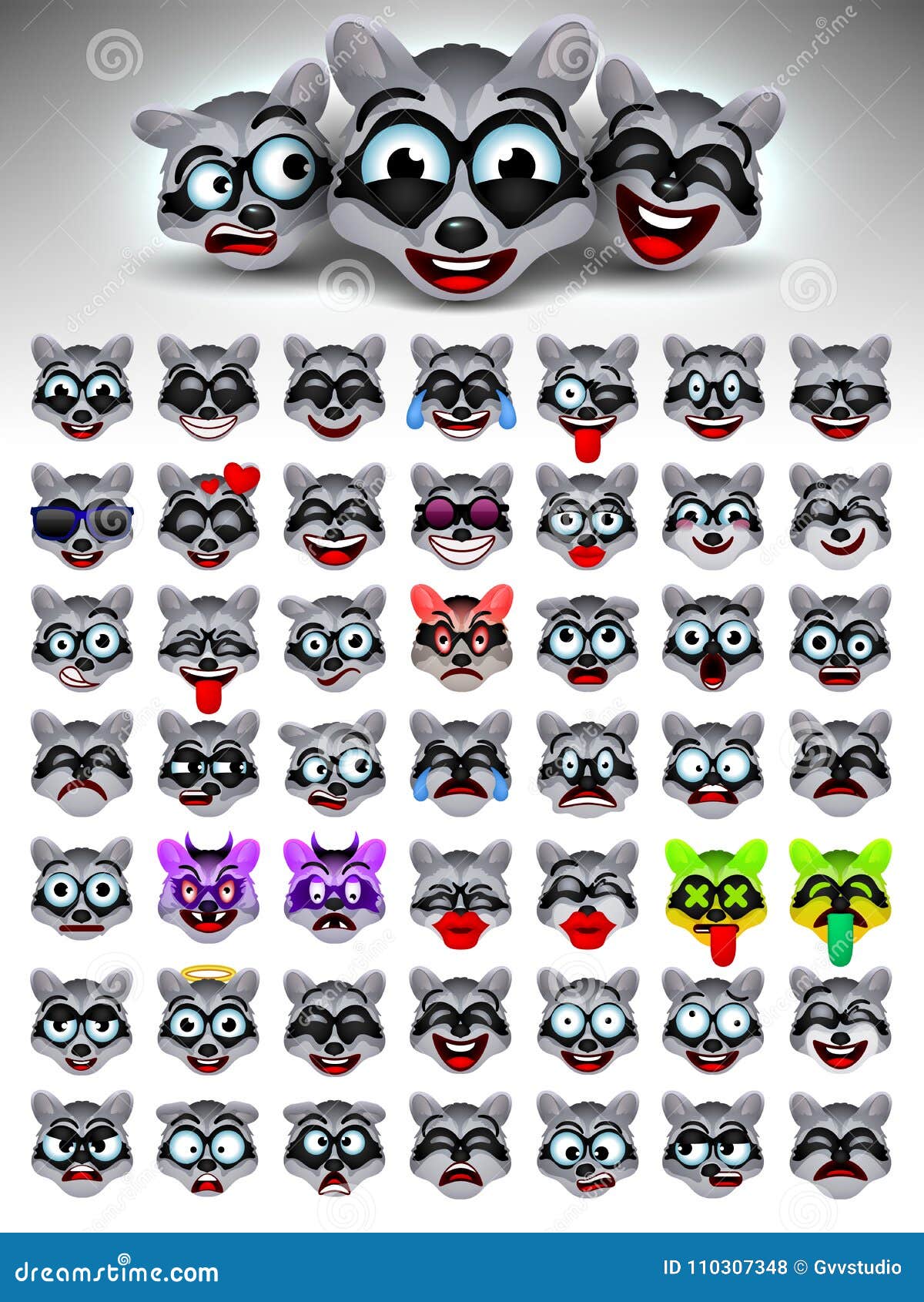 Raccoon Face Emotions. Facial Expression. Vector Illustration. Funny Crazy Raccoons  Cartoon  Set. Stock Vector - Illustration of emotional,  morning: 110307348