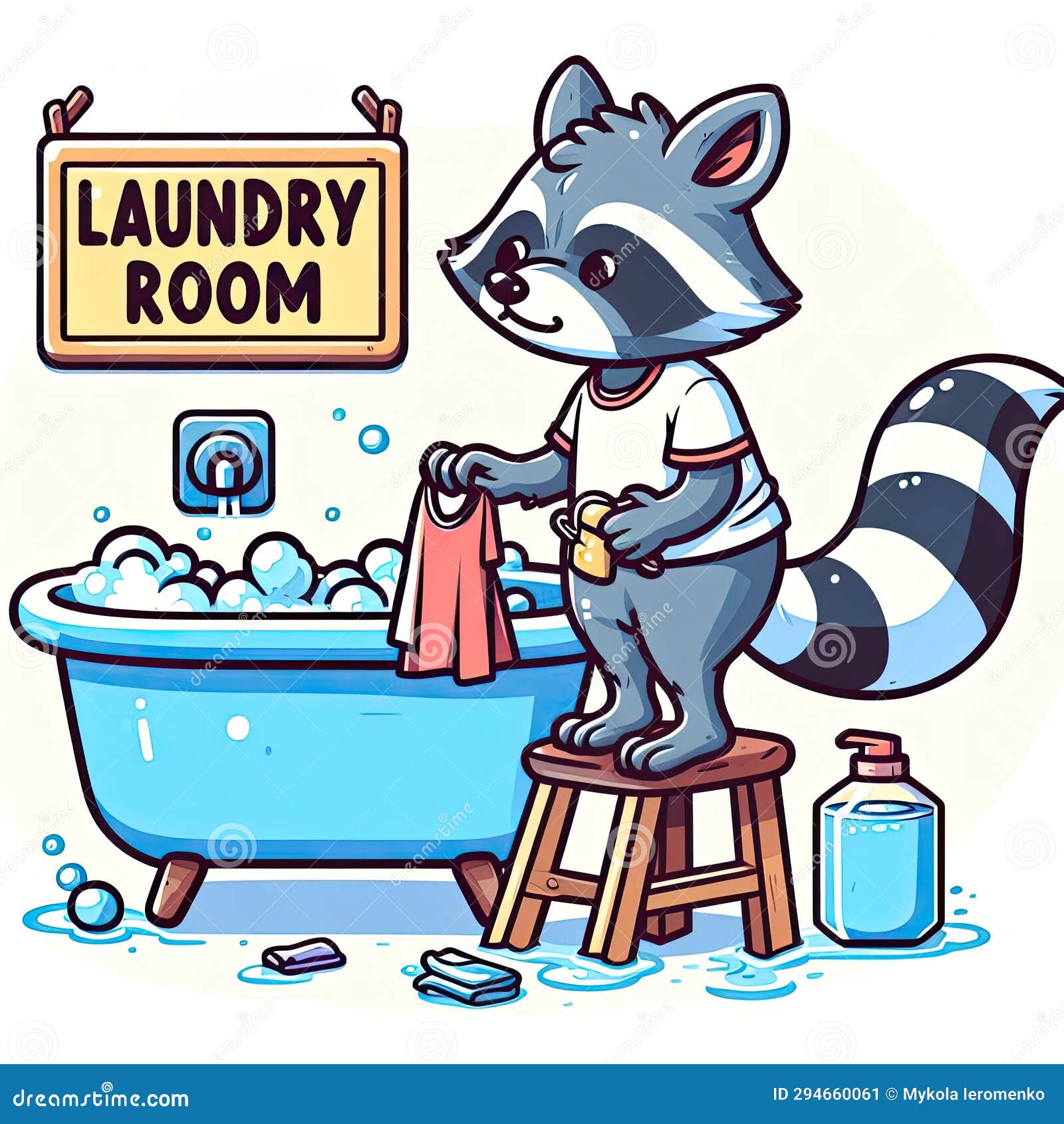 A Raccoon Going To Do Laundry in the Bathtub Stock Illustration