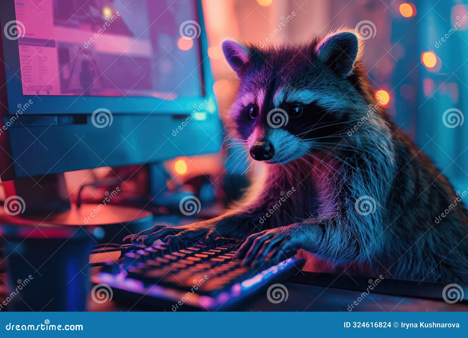 raccoon sits on floor near computer monitor displaying colorful website. it looks directly at camera with tilted head. dark room