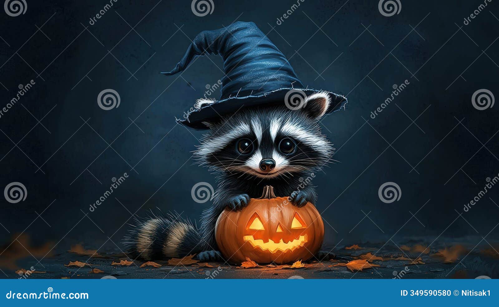 raccoon in a witch hat with a carved pumpkin dark spooky background