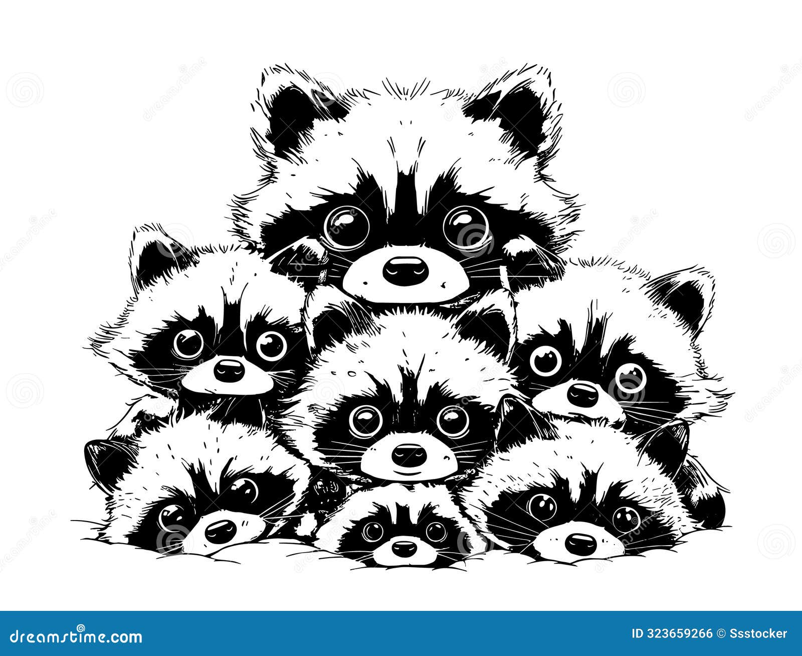 raccoons ink sketch  concept. animal top heads each other close up group crowd striped wool cute funny fluffies