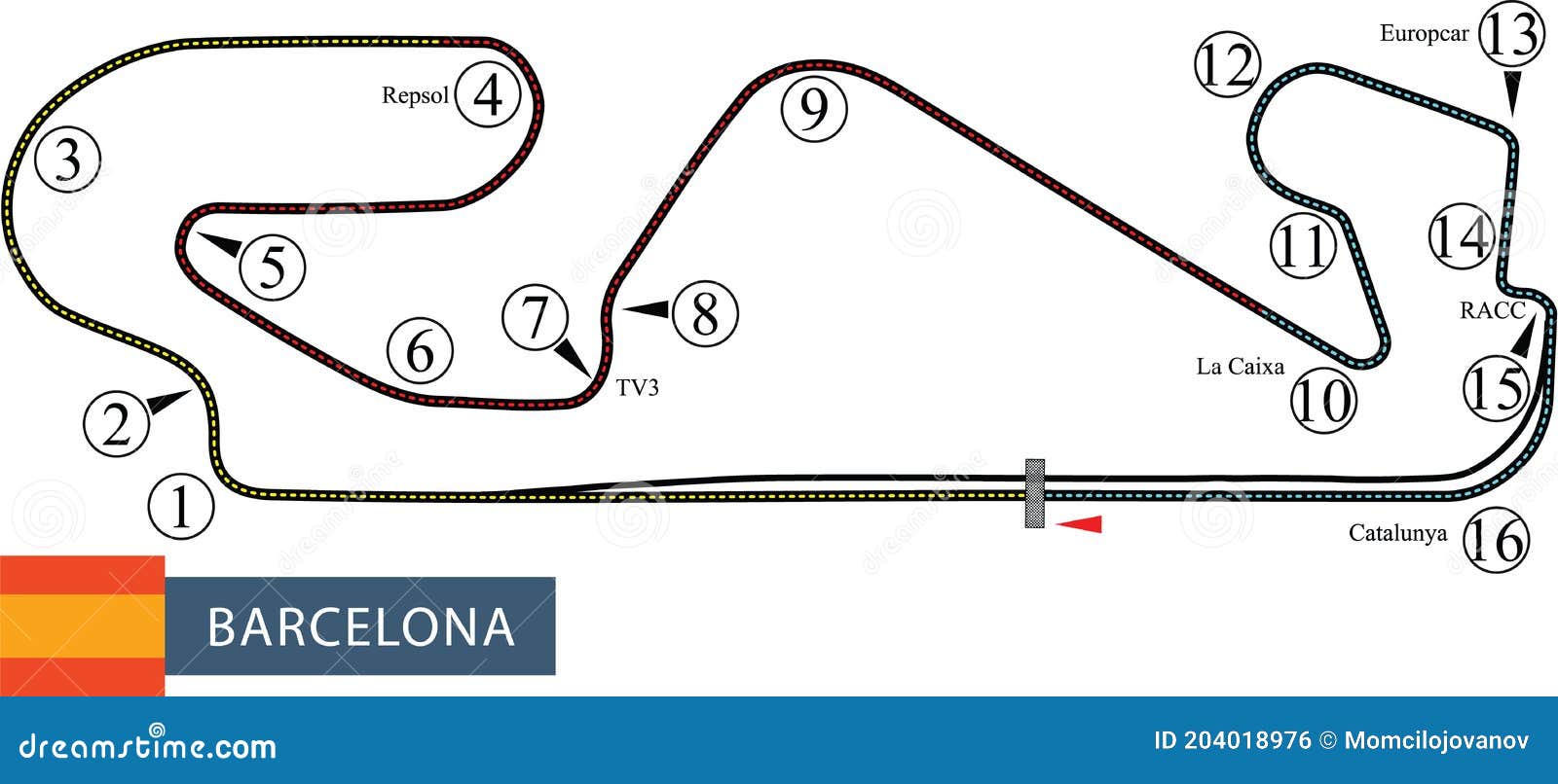 Race Track Map Layout with Label for Circuit De BarcelonaCatalunya