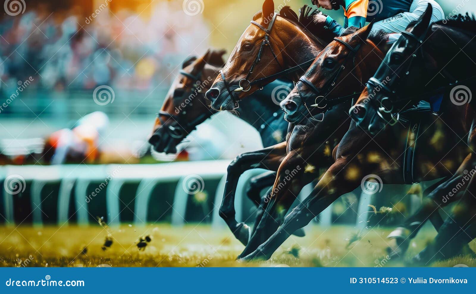 racehorses and jockeys compete at finish line. blurred motion background to emphasize speed. bet concept. generative ai