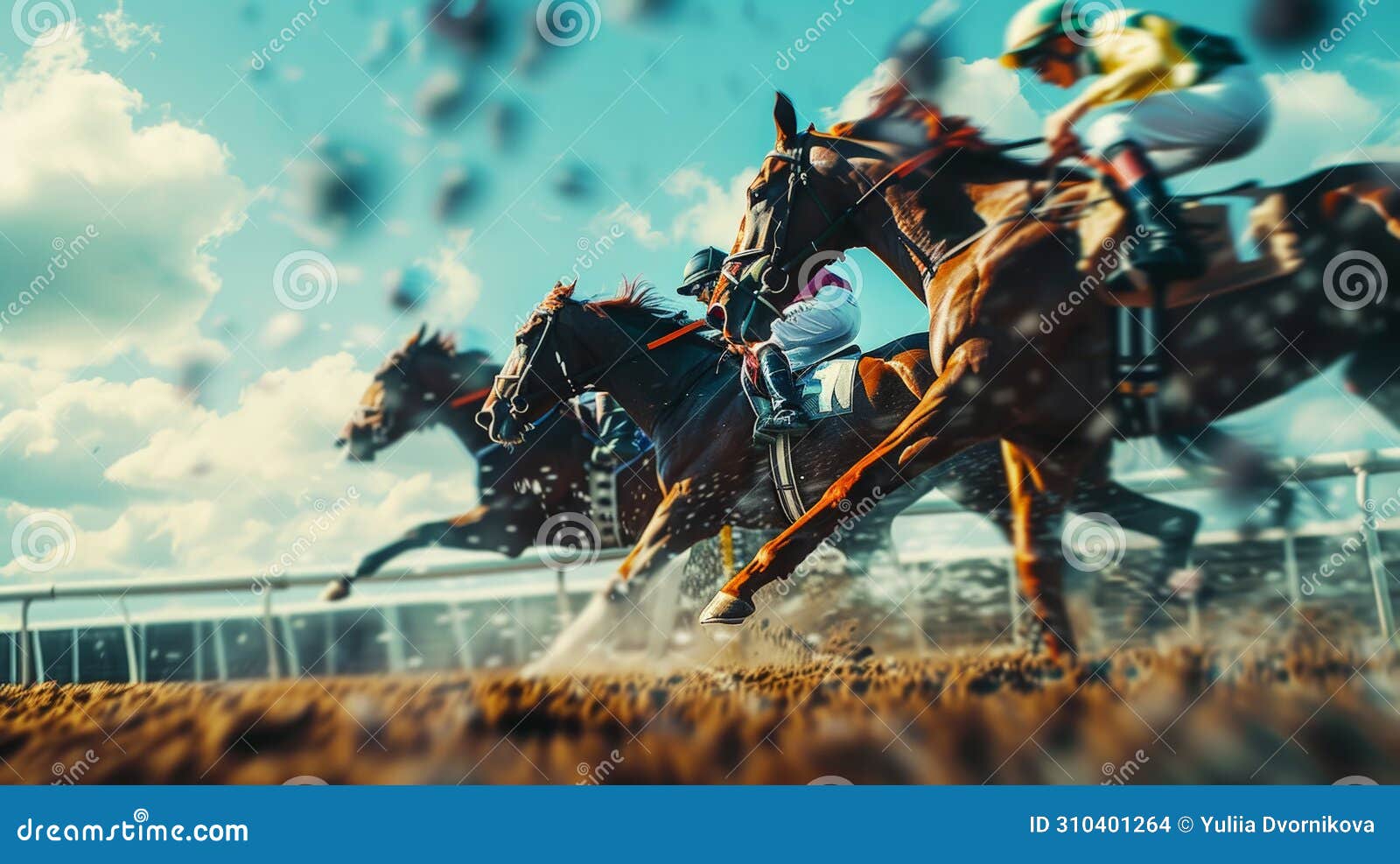 racehorses and jockeys compete at finish line. blurred motion background to emphasize speed. bet concept. generative ai