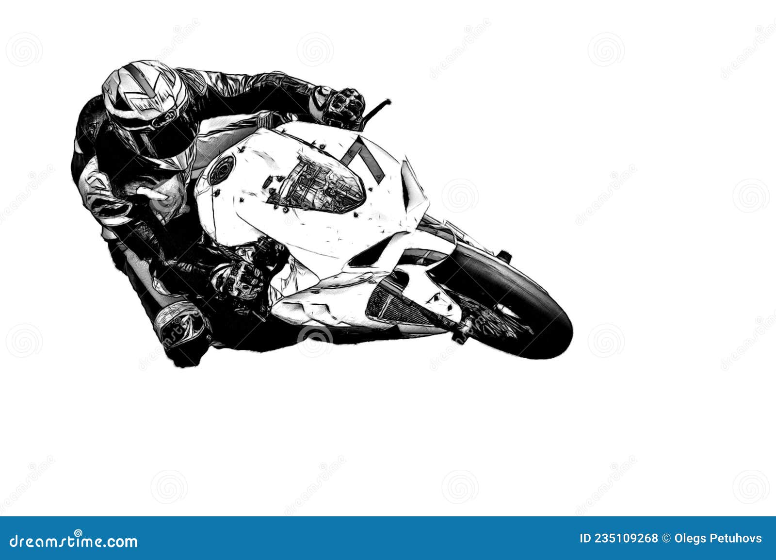 racer on a sports motobike, white  background. pencil image