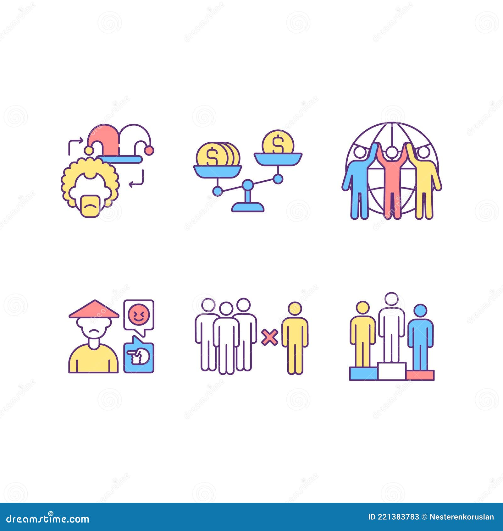 racial discrimination rgb color icons set