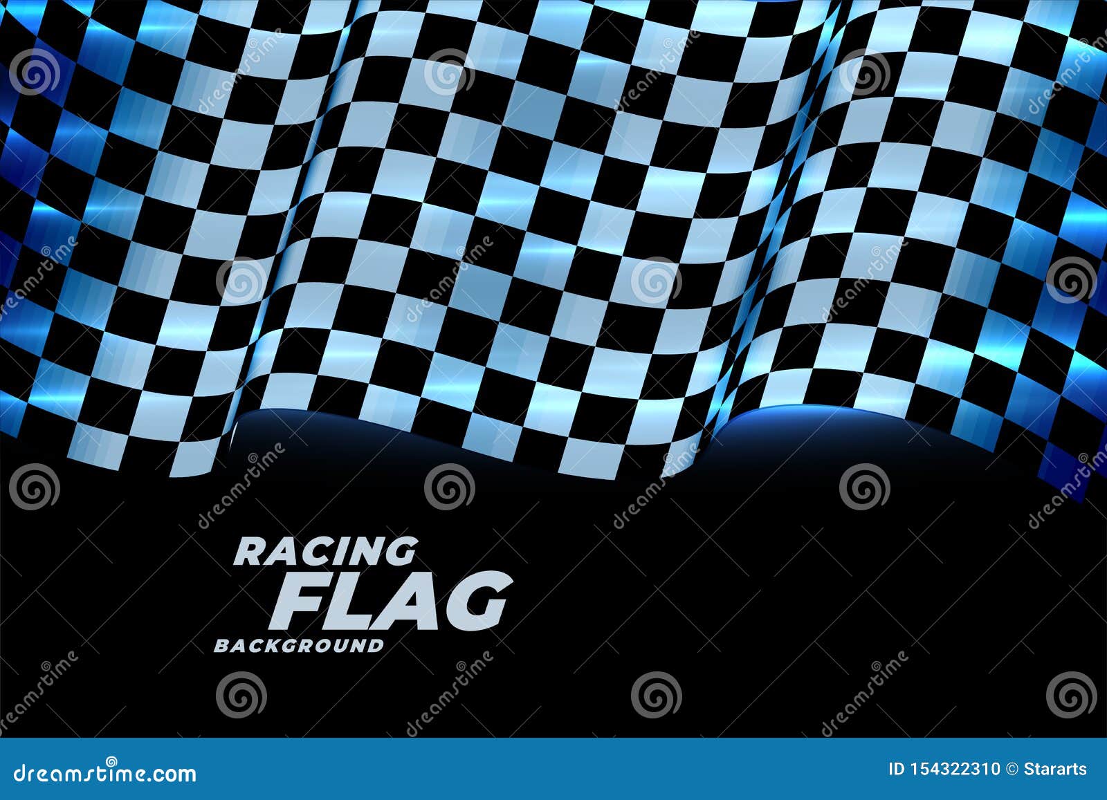 Racing Checkered Flag Background in Blue Neon Lights Stock Vector