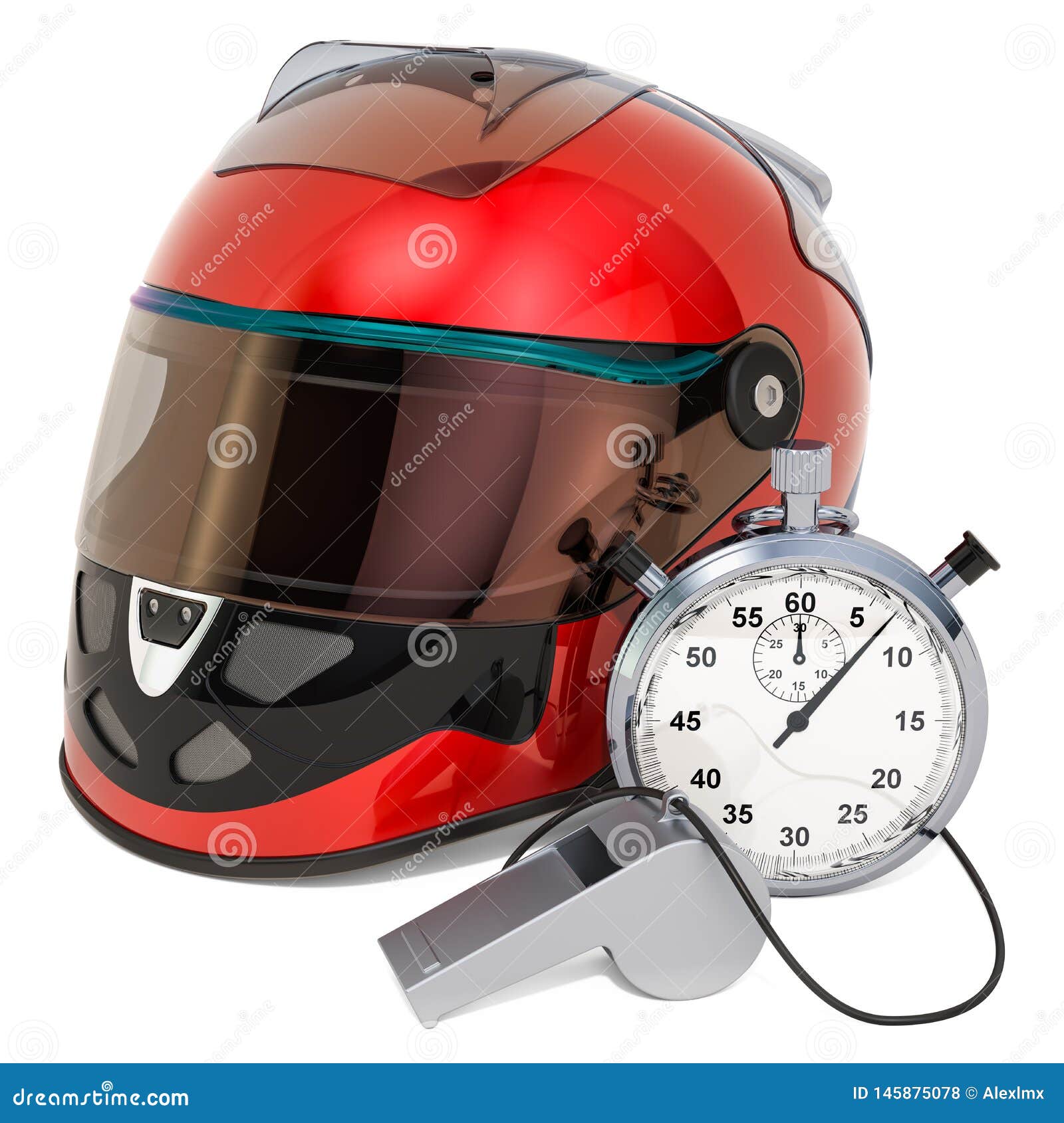 Racing Helmet with Whistle and Stopwatch, 3D Rendering Stock